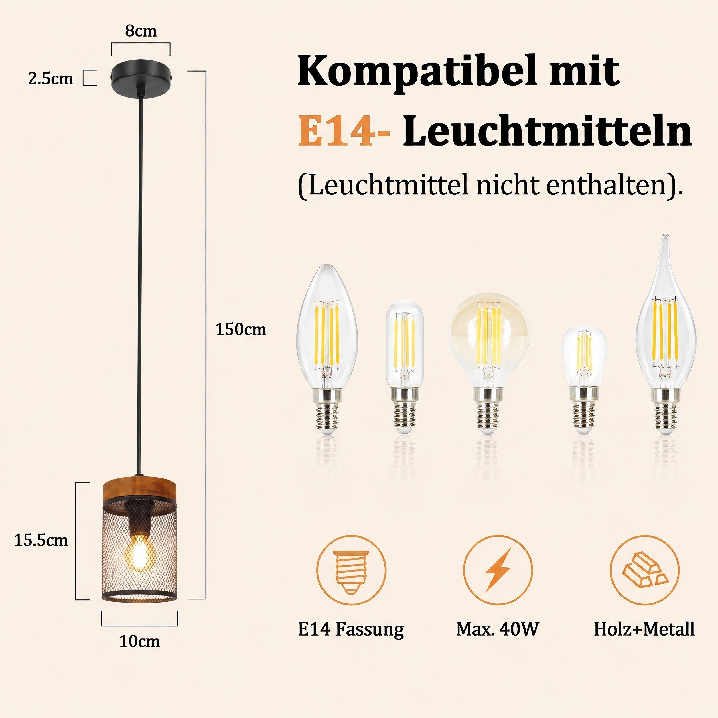 ZMH Pendelleuchte E14 Schwarz Holz Vintage 1/3/4 Flamming Retro Esstischlampe für Küche, ohne Leuchtmittel, Vintage Hängelampe 1 Flammig mit Gitter Lampenschirm