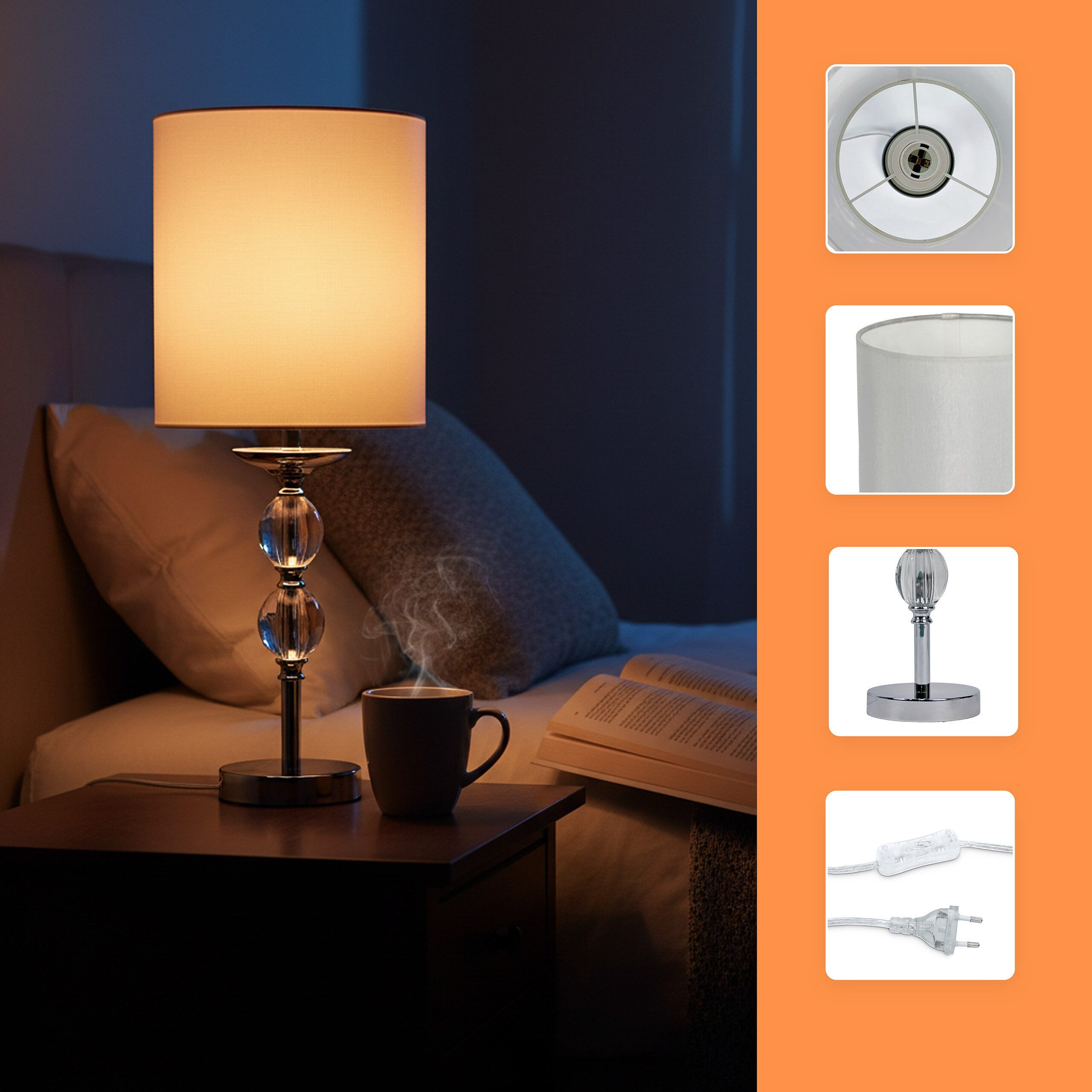 relaxdays Tischleuchte Tischlampe Kristall Stoffschirm, Sanfte Ambientebeleuchtung, ohne Leuchtmittel, Warmweiß, weiß – Bild 5 von 5