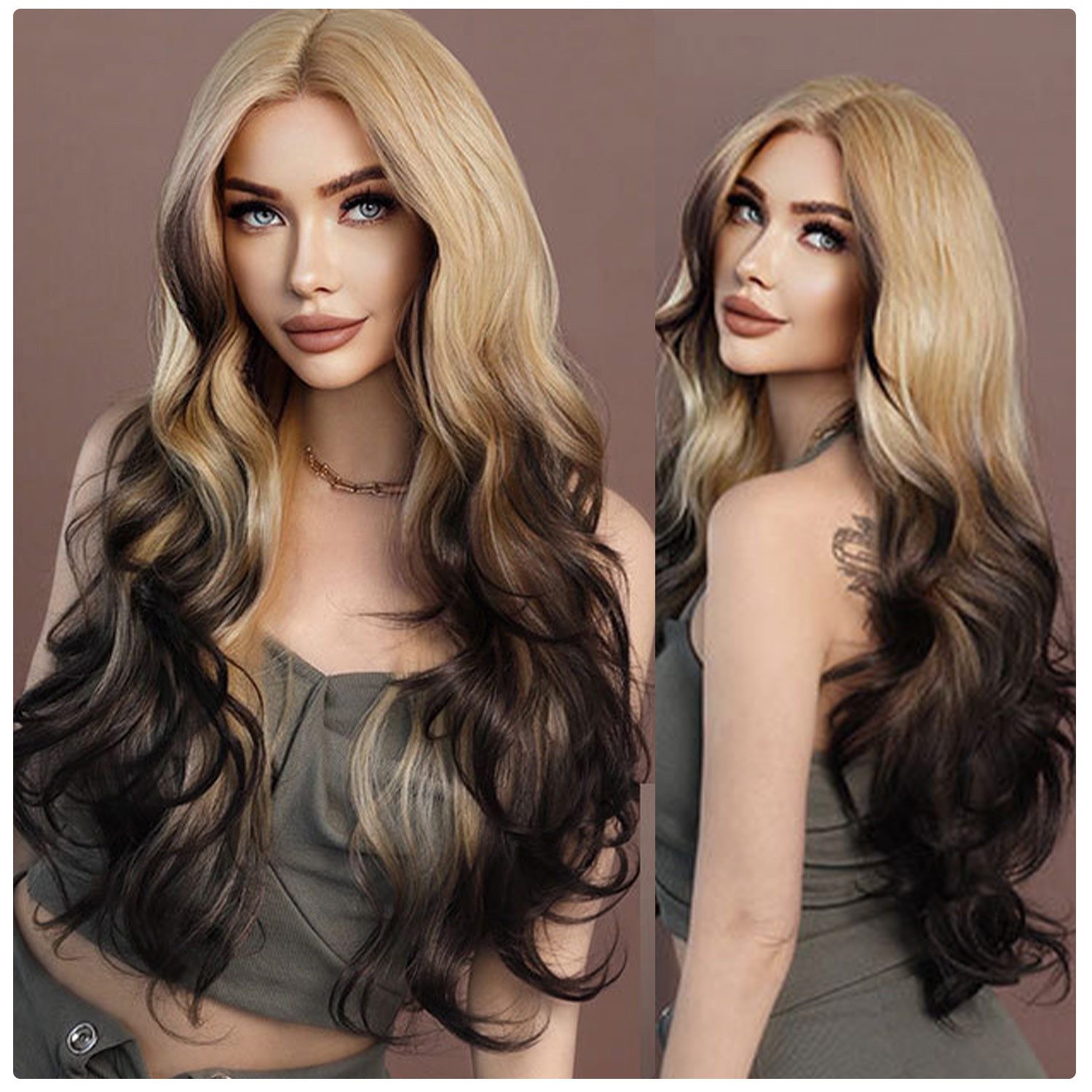 Refttenw Kunsthaarperücke Lange Lockige Damen Perücke Blond Ombre Dunkelbruan, Natürliche Synthetische Haare 72cm