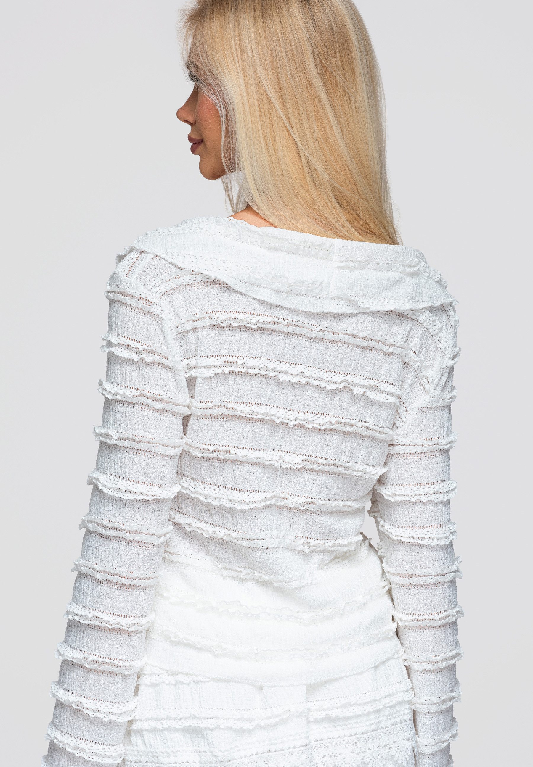 OMBRE Hemdbluse Damen Bluse mit V-Ausschnitt Slim Fit Casual Weiß M/L (kein Set, 1-tlg) Ajourdetails