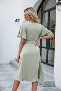 AFAZ New Trading UG Spitzenkleid Damen Elegant Chiffon Kleid V-Ausschnitt Cape Ärmel A-Linie Cocktailkleid Hochzeit