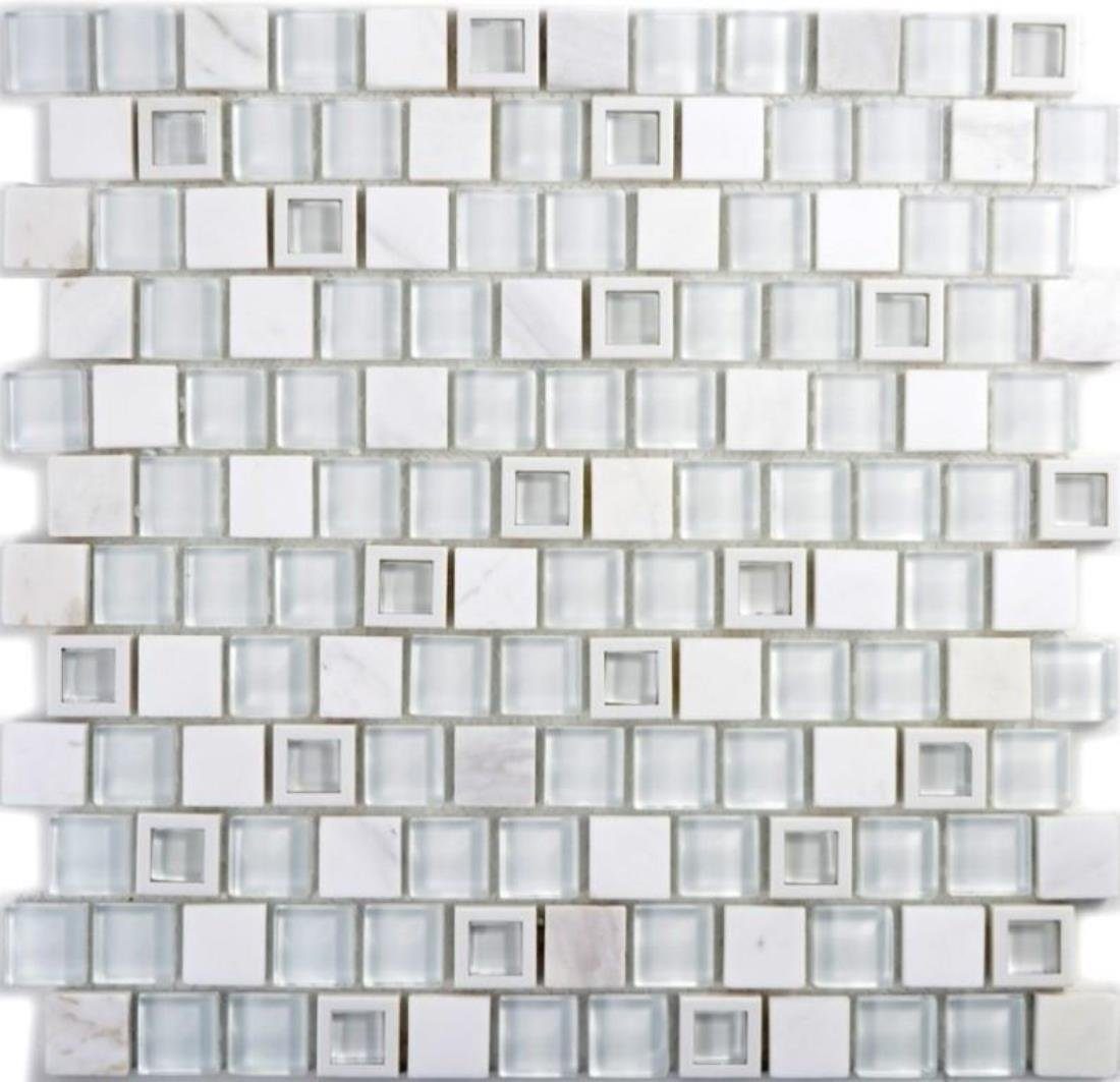 Set, Mosaikfliesen Naturstein 0,9m² Mosaikfliesen Glasmosaik glänzend, weiß Mosani Dekorative Wandverkleidung 10-teilig,