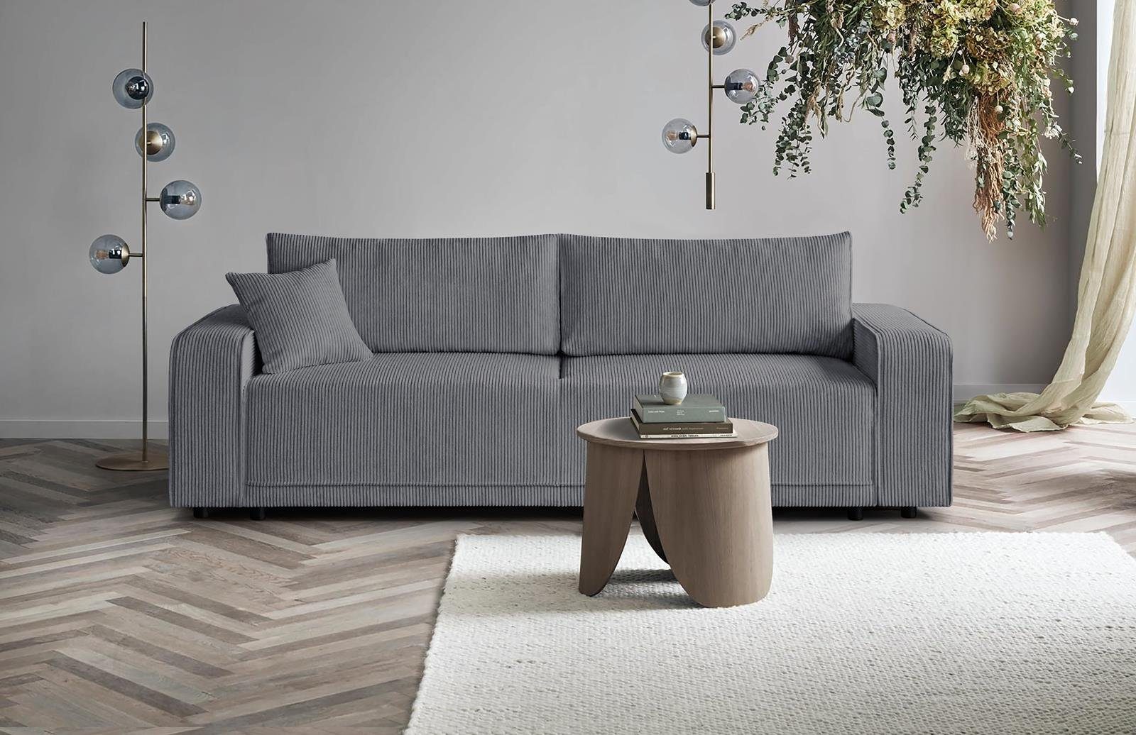 Beautysofa Schlafsofa PRIMO, modernes Design Sofa, Wellenfedern, Schlaffunktion, Bettkasten, breite Armlehnen Grau (poso 60)