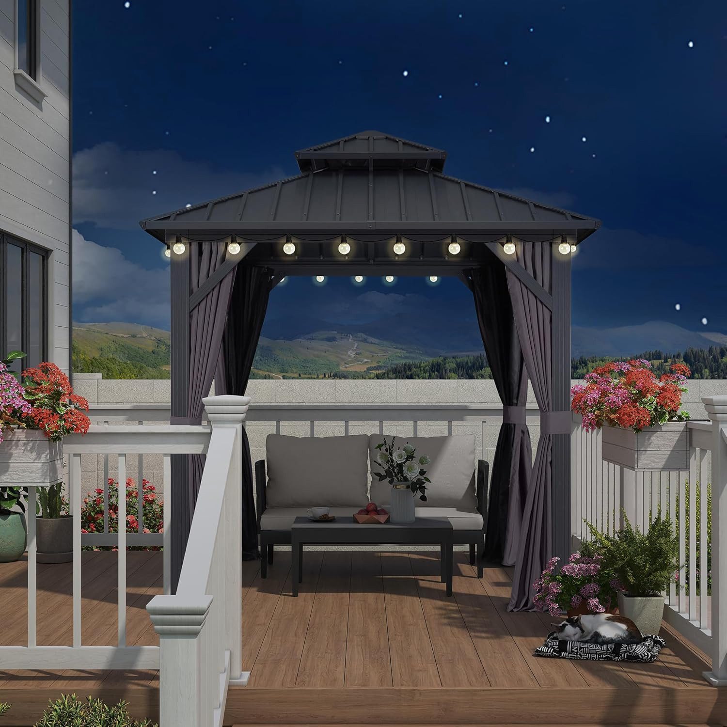 PURPLE LEAF Pavillon Günstiges Gartenpavillon mit LED-Lichterkette, (1 Pavillon + LED-Licht, Vorhängen und Moskitonetz), Wasserdicht, UV-beständig, Privatsphärenschutz