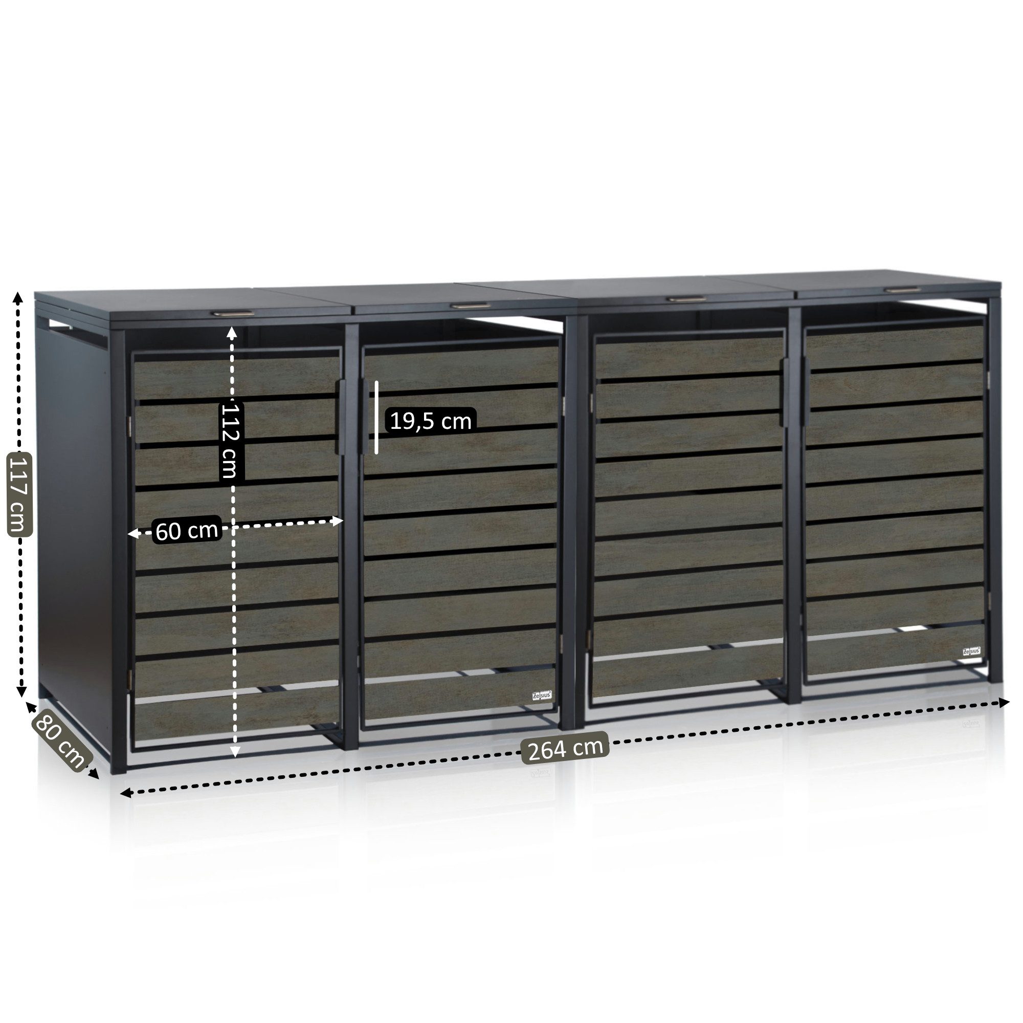 Zelsius Mülltonnenbox für 4 Mülltonnen, Anthrazit RAL7016, Tür in dunkelgrauer Holzoptik