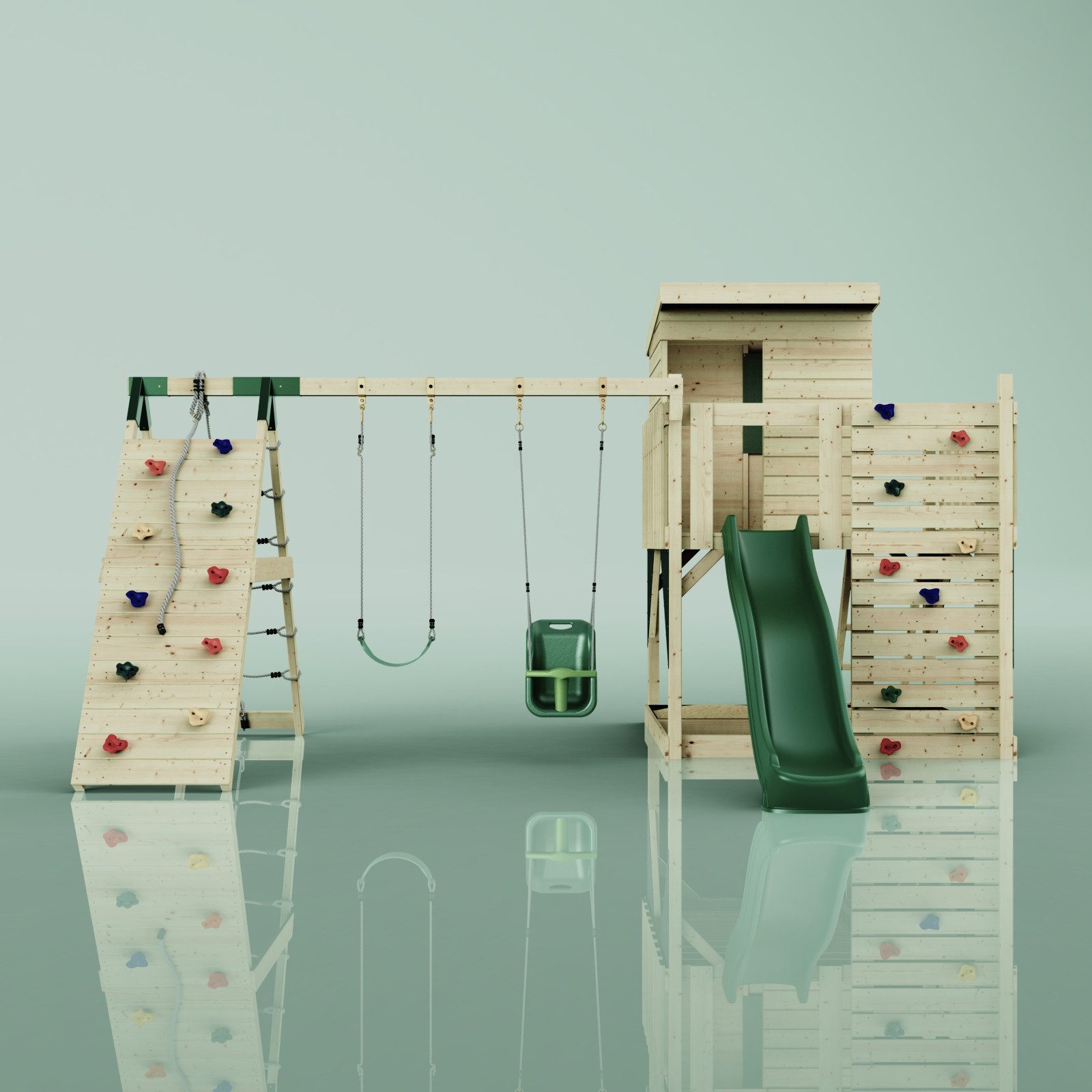 OutdoorToys Spielturm Frida, aus Holz in Dunkelgrün mit Babyschaukel & Rutsche, Kletterwand