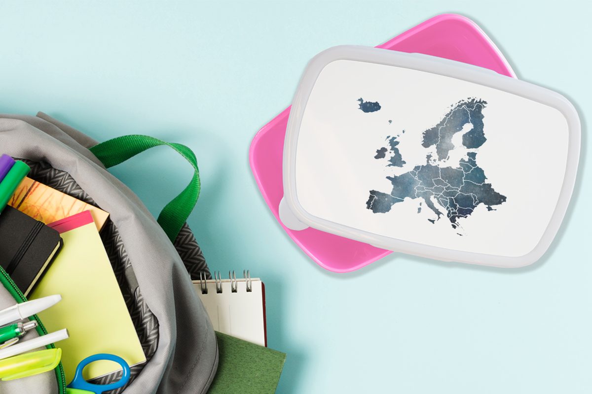 für von rosa Aquarell, Karte Brotdose Mädchen, - MuchoWow Brotbox Lunchbox Blau (2-tlg), - Snackbox, Kunststoff Kinder, Erwachsene, Europa Kunststoff,