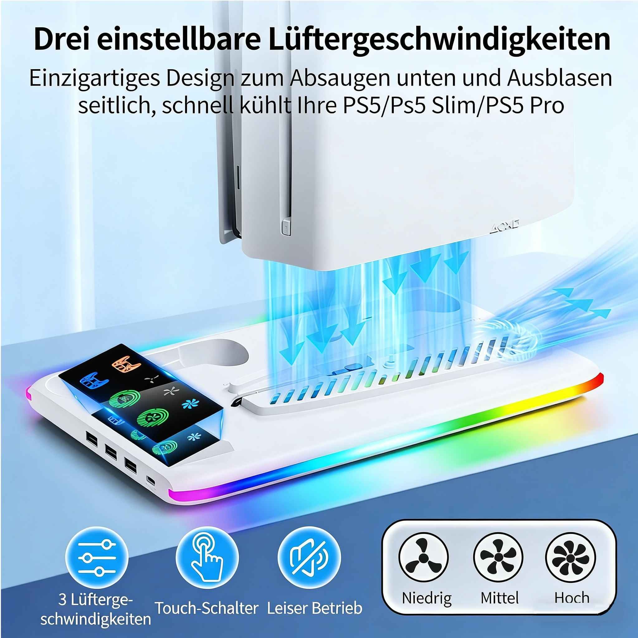BBG PS5 Kühlständer für PS5 / PS5 Slim / PS5 Pro Ladestation (2800 mA, mit Headset-Halter & USB-Hub, Geräuscharm Lüfter, für PS5, PS5 Slim und PS5 Pro (Digital  – Bild 5 von 5
