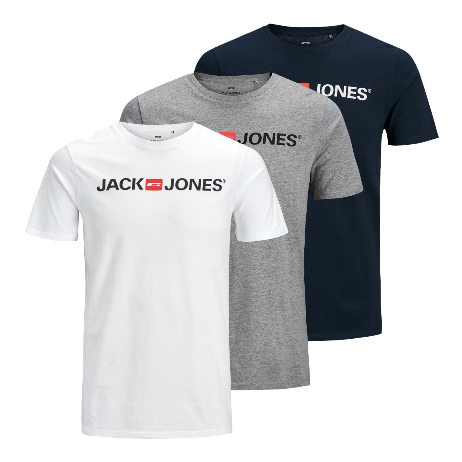 Jack & Jones T-Shirt 3er Pack Logo Tee Crew Neck mit Markenschriftzug white / light grey mel. / navy blazer