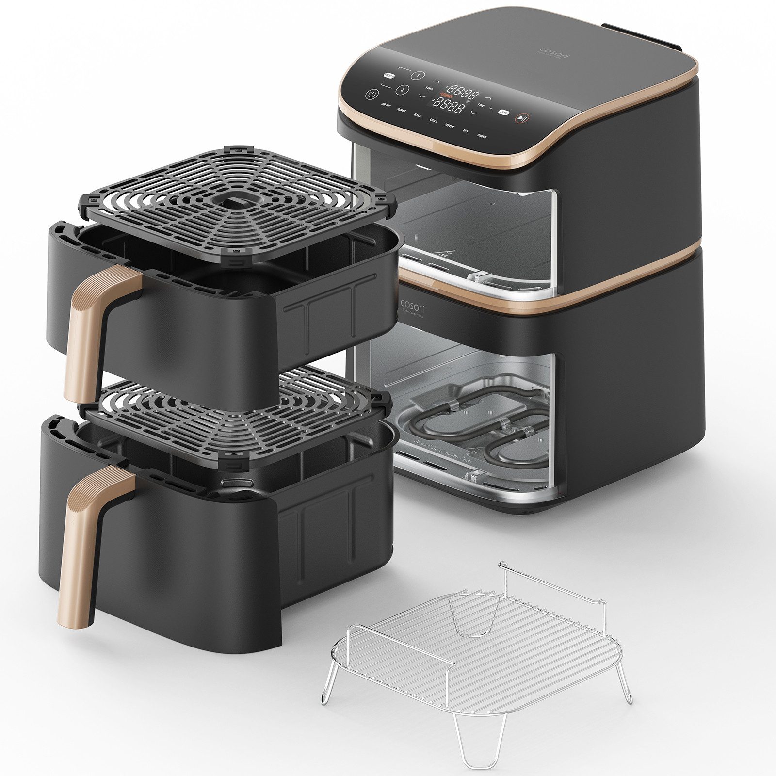 Cosori Heißluftfritteuse Cosori Turbo Tower Pro Smart CAF-DC123S, vertikaler Doppelkammer, Keramik-Körbe, 2630 W, 2 DC-Motoren, 7 Funktionen, 2 Keramik-Körbe, 1 – Bild 3 von 5