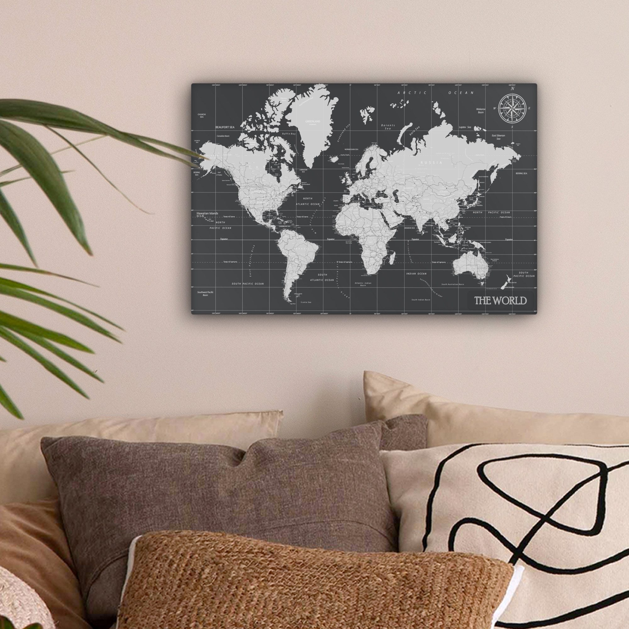 OneMillionCanvasses® Leinwandbild Weltkarte - Schwarz - Weiß - Welt, Fotodruck (1 St), Leinwand Bilder Klein, Wand Dekoration Aesthetic 30x20 cm – Bild 2 von 5