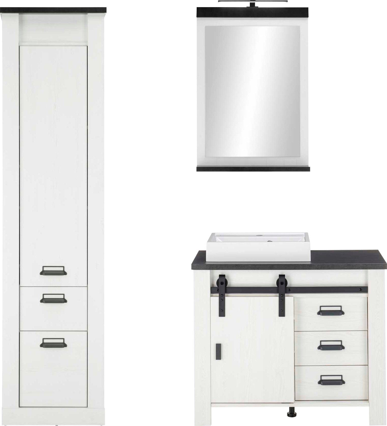 Home affaire Badmöbel-Set SHERWOOD, Bad im modernen Design, 3-teiliges Badezimmer, (3-St), in 2 Farben verfügbar, Scheunentorbeschlag & Apothekergriff aus Metall