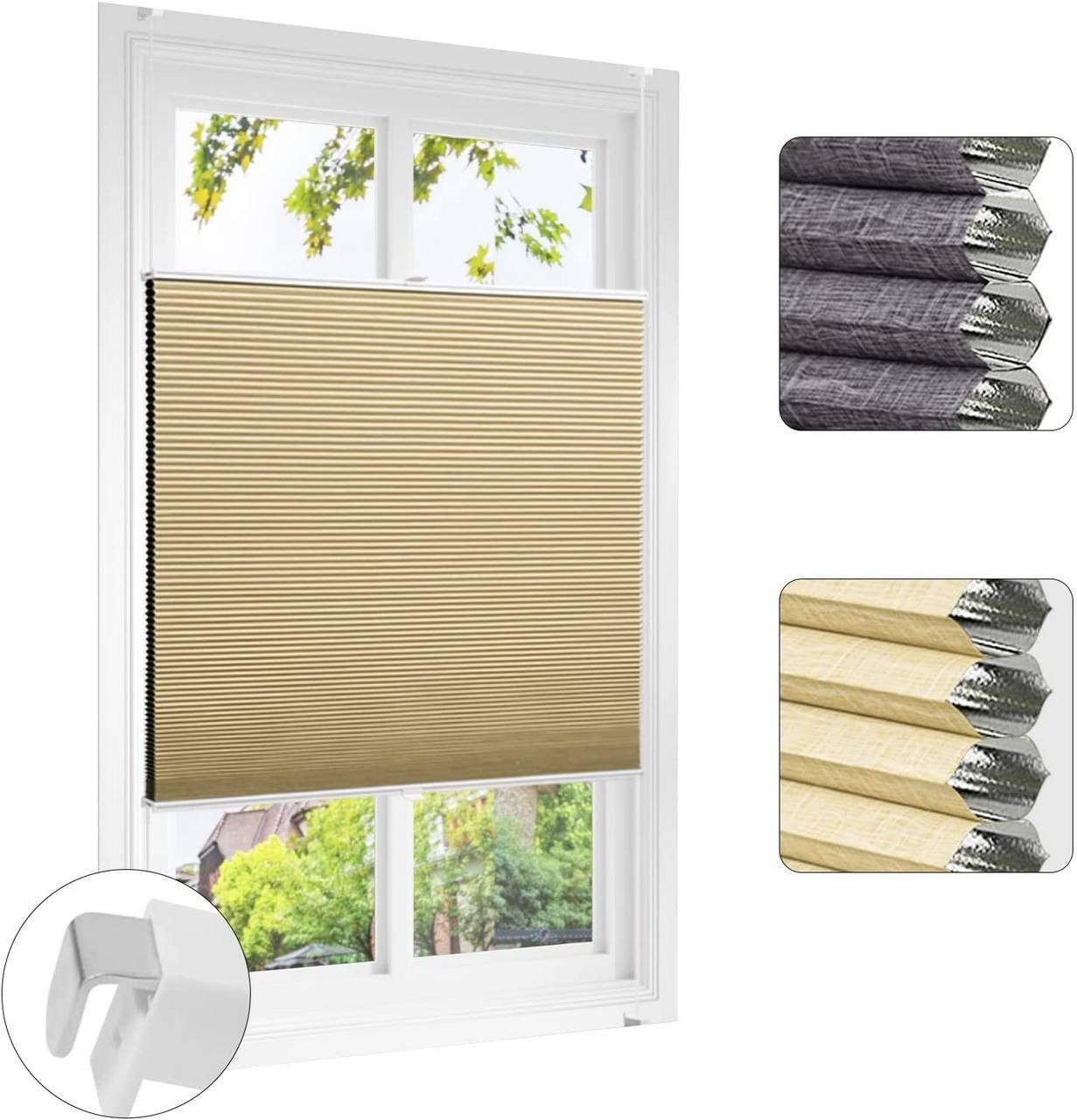 EUGAD Wabenplissee, verdunkelnd, verspannt, Klemmfix, Beige-Weiß