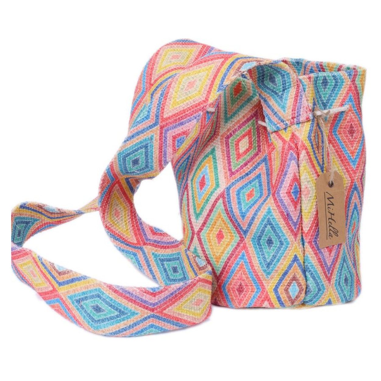 KARMA Handtasche Bucket Bag Damen Baumwolle Bunte Umhängetasche mit Quasten (Kleine Schultertasche für Alltag, Reisen, Festival, Strand, Rosa oder Grün), Tunnelzug 24x17 cm Boho Ethno Crossbody Bag