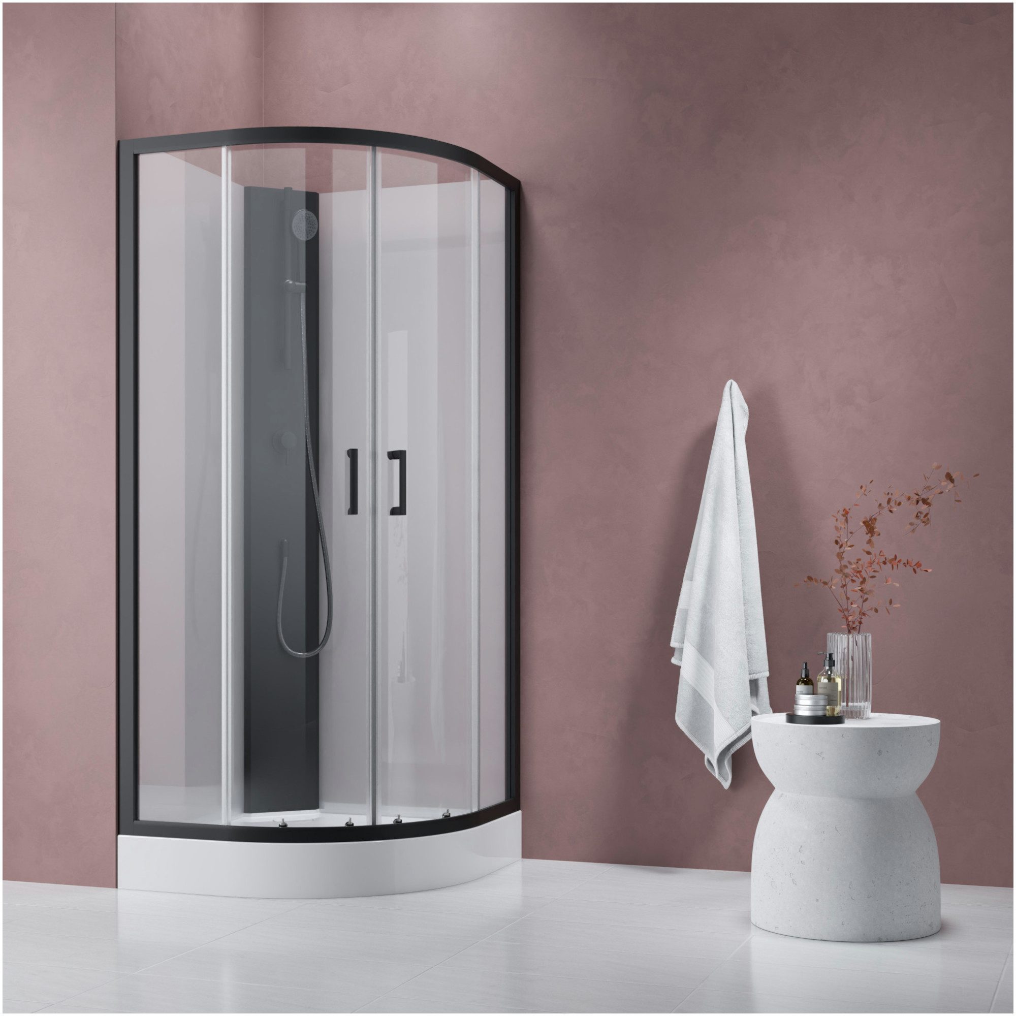 Dusche-24 Komplettdusche Komplettdusche FDARS Viertelkreis 90x90 cm mit Eckeinstieg, BxT: 90x90 cm, Einscheibensicherheitsglas, inkl. Regenwalddusche und Handbrause