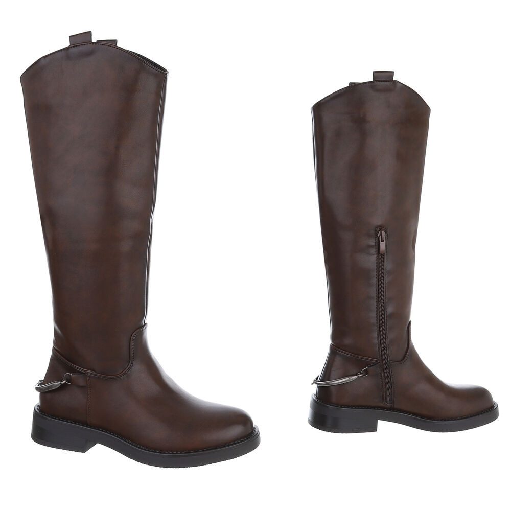 Ital-Design Elegante hohe Stiefel für Damen mit hohem Komfort Stiefel (90471261) Blockabsatz Flache Stiefel in Braun