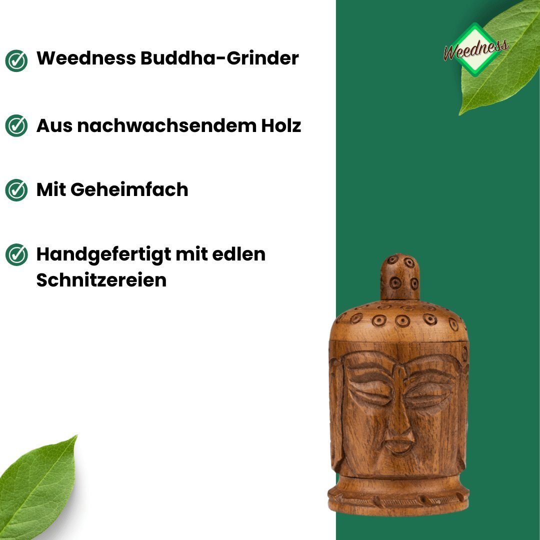 Weedness Kräutermühle Buddha Holz Grinder klein Set Crusher 4-teiliges handgeschnitzt Mini Crunsher Wood