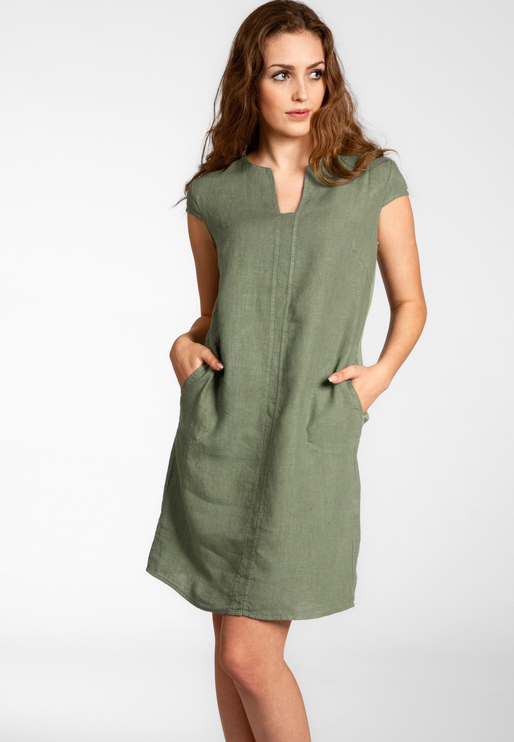 Caspar Sommerkleid Caspar SKL036 Damen Sommer Leinenkleid mit ausgefallenem Ausschnitt Luftig leicht, figurumspielende Form, mit seitlichem Jersey-Einsatz