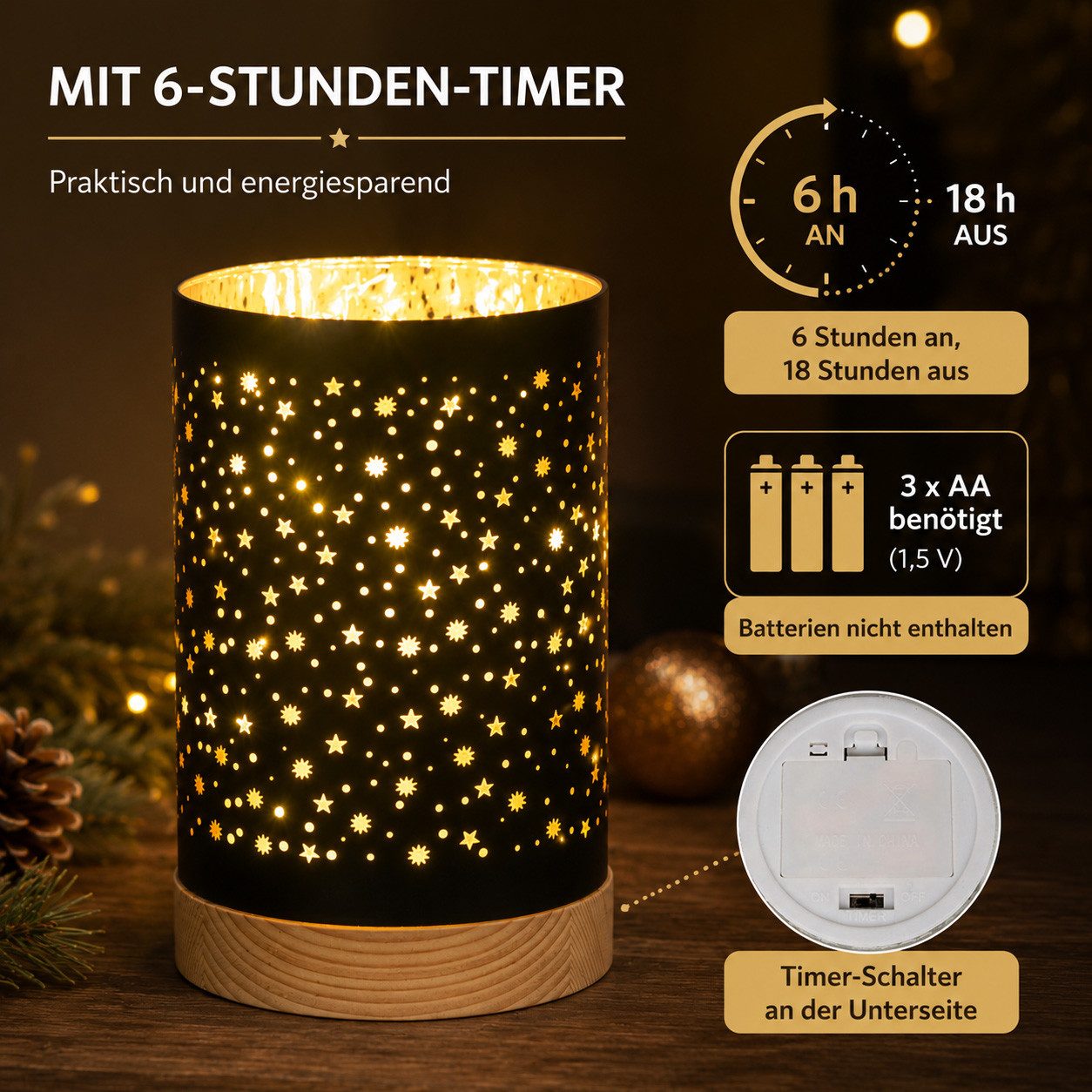 formano LED Dekolicht LED Deko Licht Schwarz 15 cm Glas mit Timerr 6h/18h Weihnachten, LED fest integriert – Bild 3 von 5