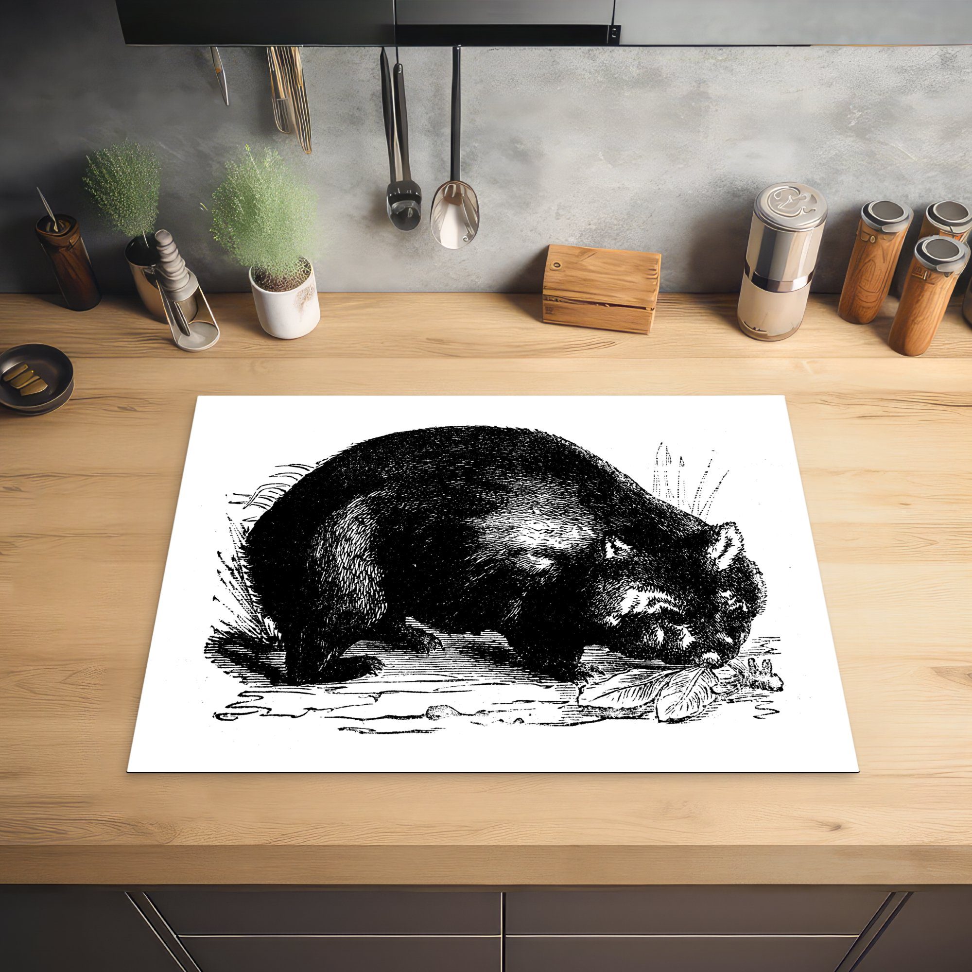 (1 Illustration Wombats, Arbeitsfläche nutzbar, Herdblende-/Abdeckplatte eines MuchoWow Mobile cm, Vinyl, 70x52 tlg), Eine Ceranfeldabdeckung schwarz-weiße