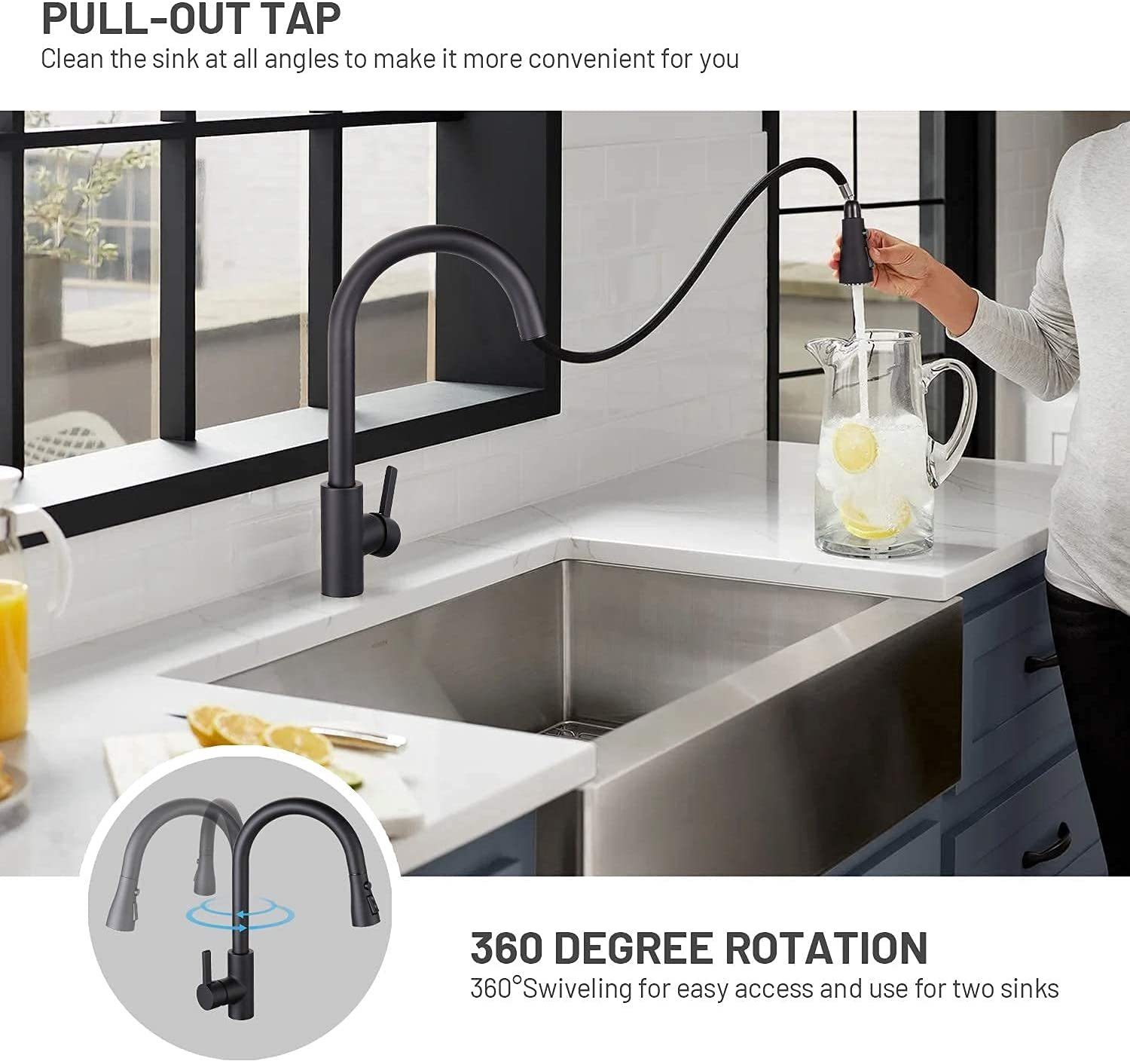 TACKLIFE Küchenarmatur Spültischarmatur 360° Drehbar mit Handbrause ausziehbarer