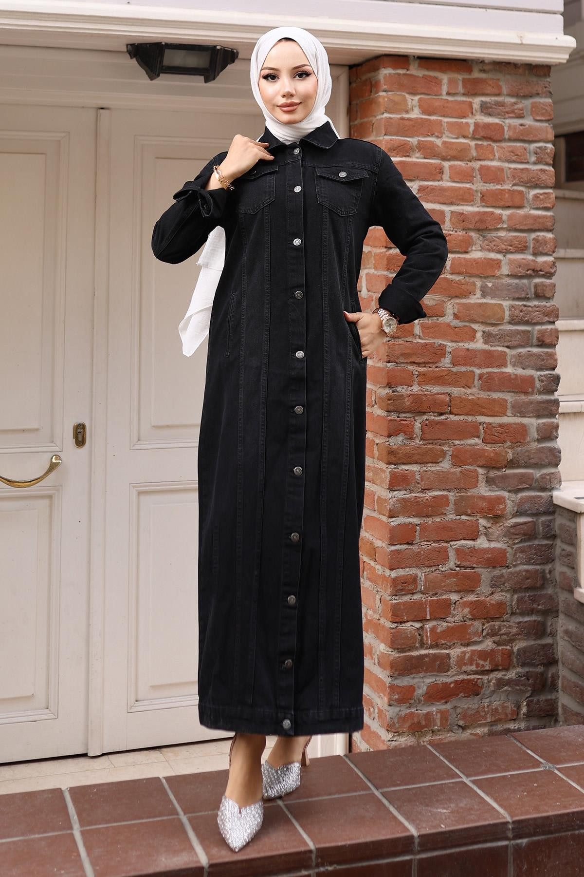 MODAMİHRAM Maxikleid Knopf Detail Denim Mantel Schwarz 6122