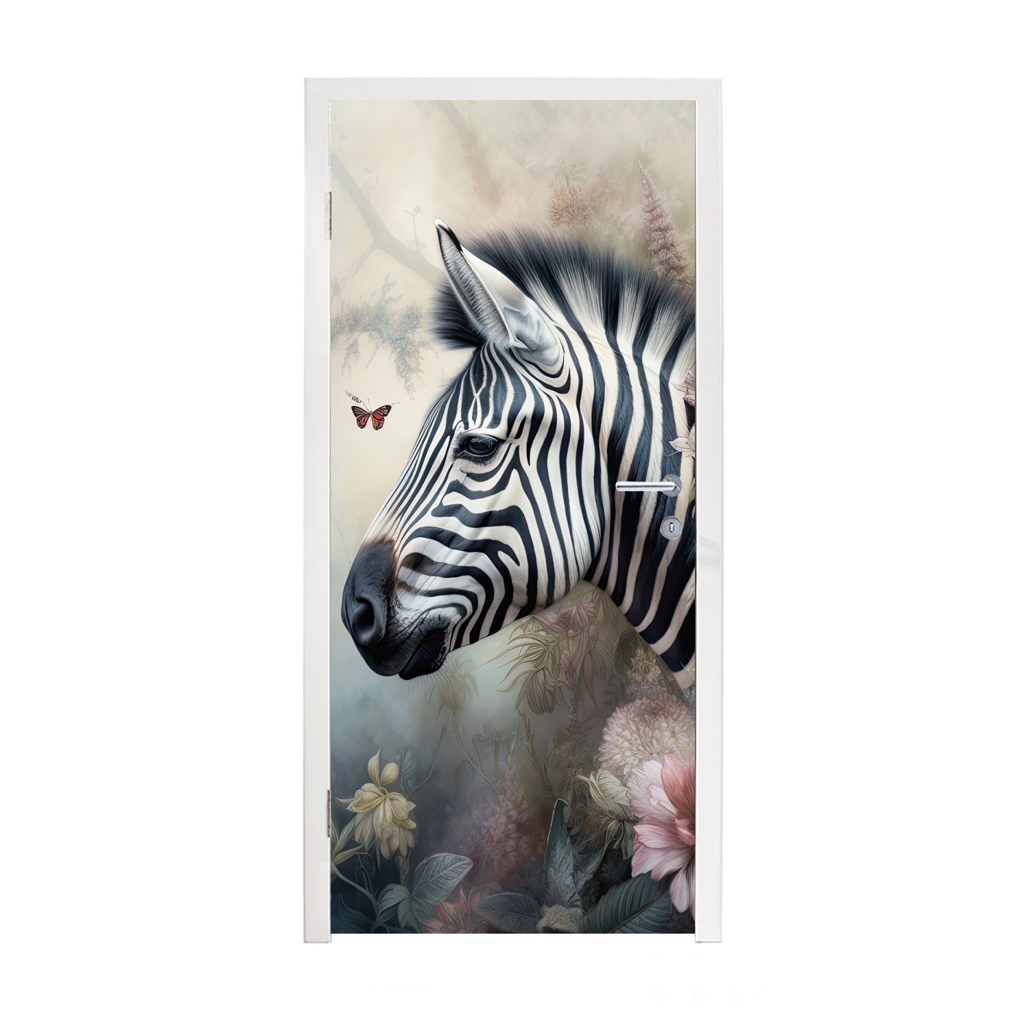 MuchoWow Türtapete Zebra - Wilde Tiere - Schmetterling - Blumen, Matt, bedruckt, (1 St), Fototapete für Tür, Türaufkleber, 75x205 cm | Türtapeten