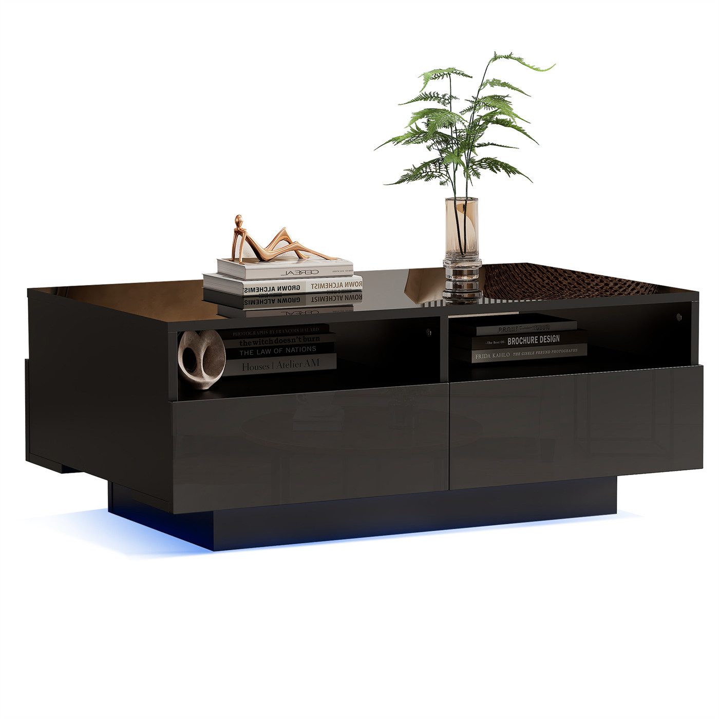 autolock Couchtisch Hochglanz Couchtisch mit 4 Schubladen,Sofatisch,Wohnzimmertisch, Modern Center Table mit 16 Farben LED Lichter für Schlafzimmer,USB