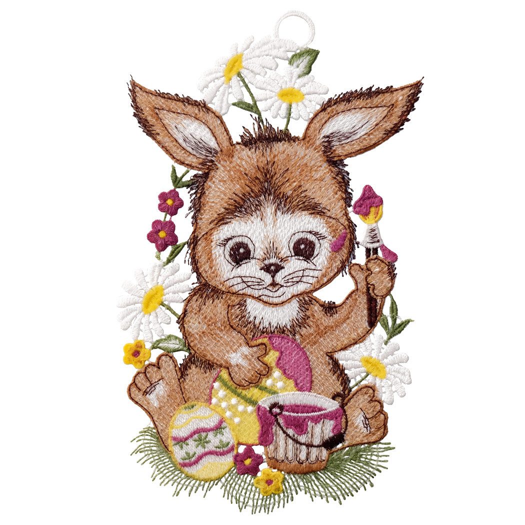 texpot Fensterbild Plauener Stickerei Osterhase mit Eimer Saughaken, Saughaken