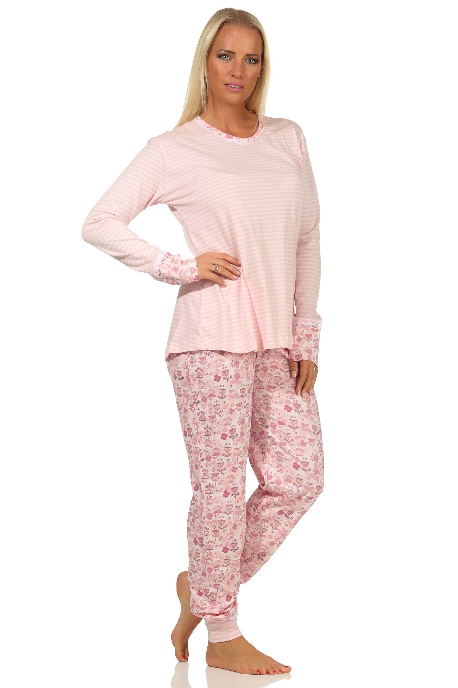 auch lang und Bündchen Spitze Normann mit in Damen rosa - Schlafanzug Pyjama Übergrößen