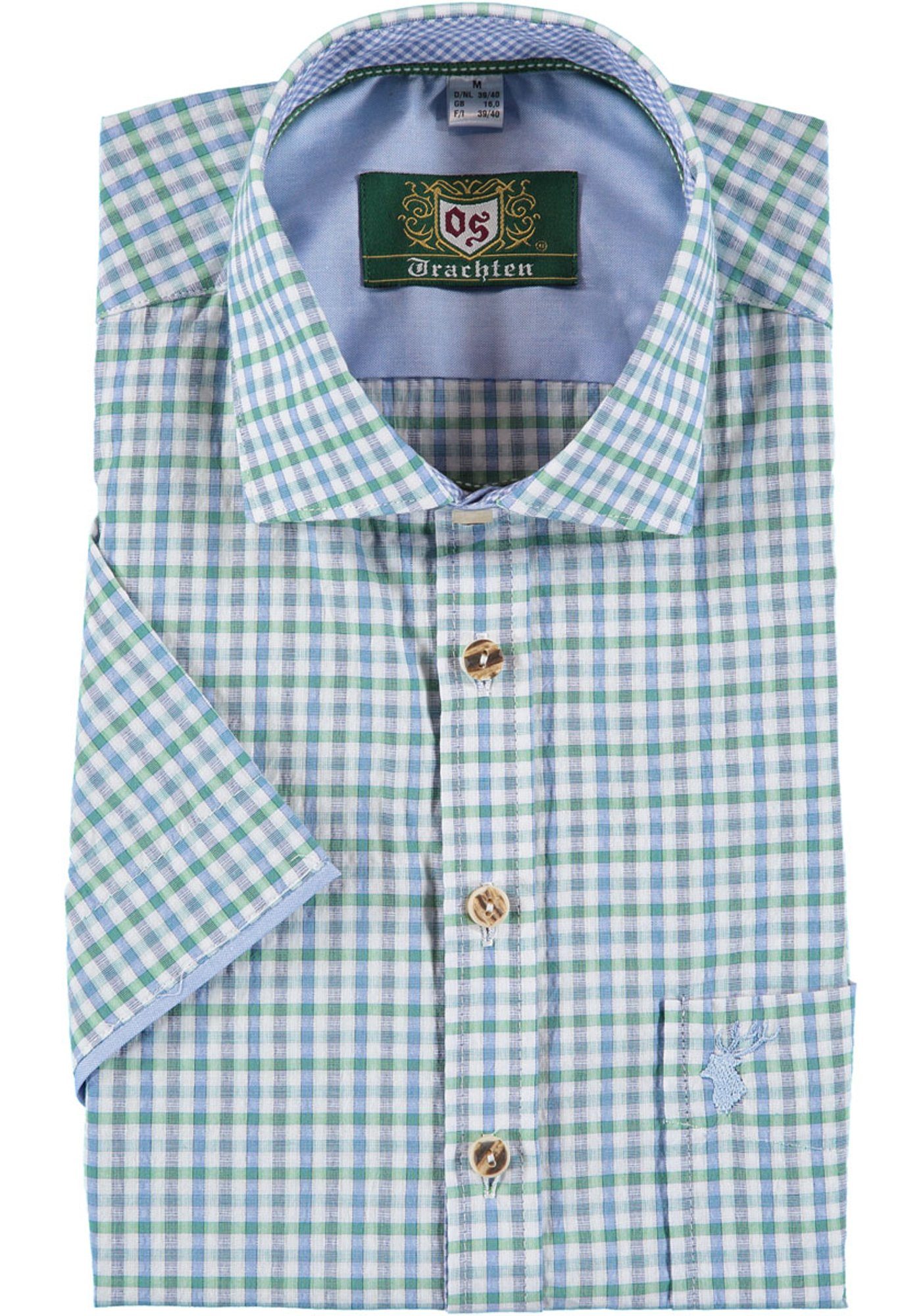 OS-Trachten Trachtenhemd Gafoo Herren Kurzarmhemd mit Hirsch-Stickerei auf der Brusttasche trachtengrün