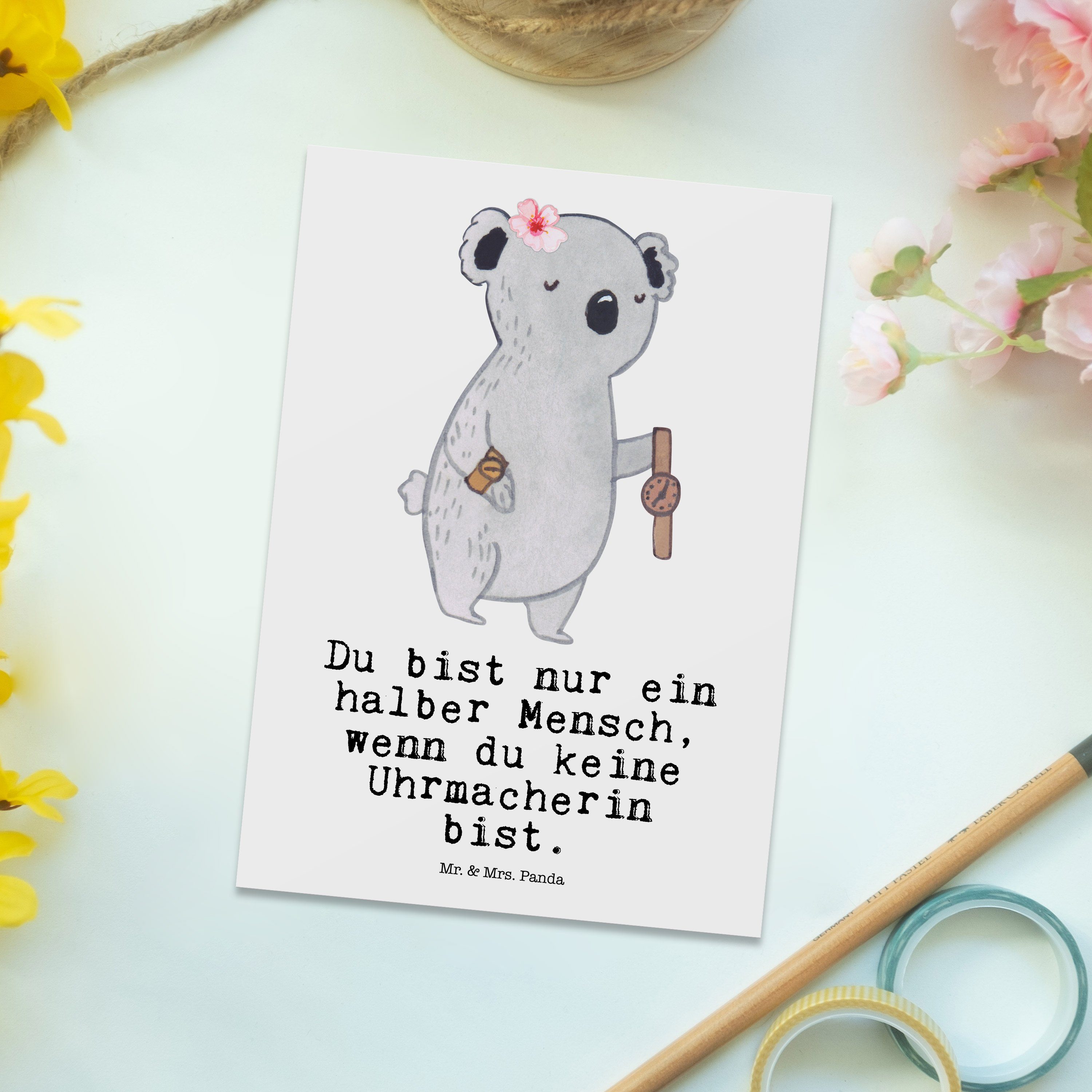 Postkarte Mr. Geschenk, - Geburtstagskarte, Weiß mit & Mrs. Geschenkkar Uhrmacherin - Herz Panda