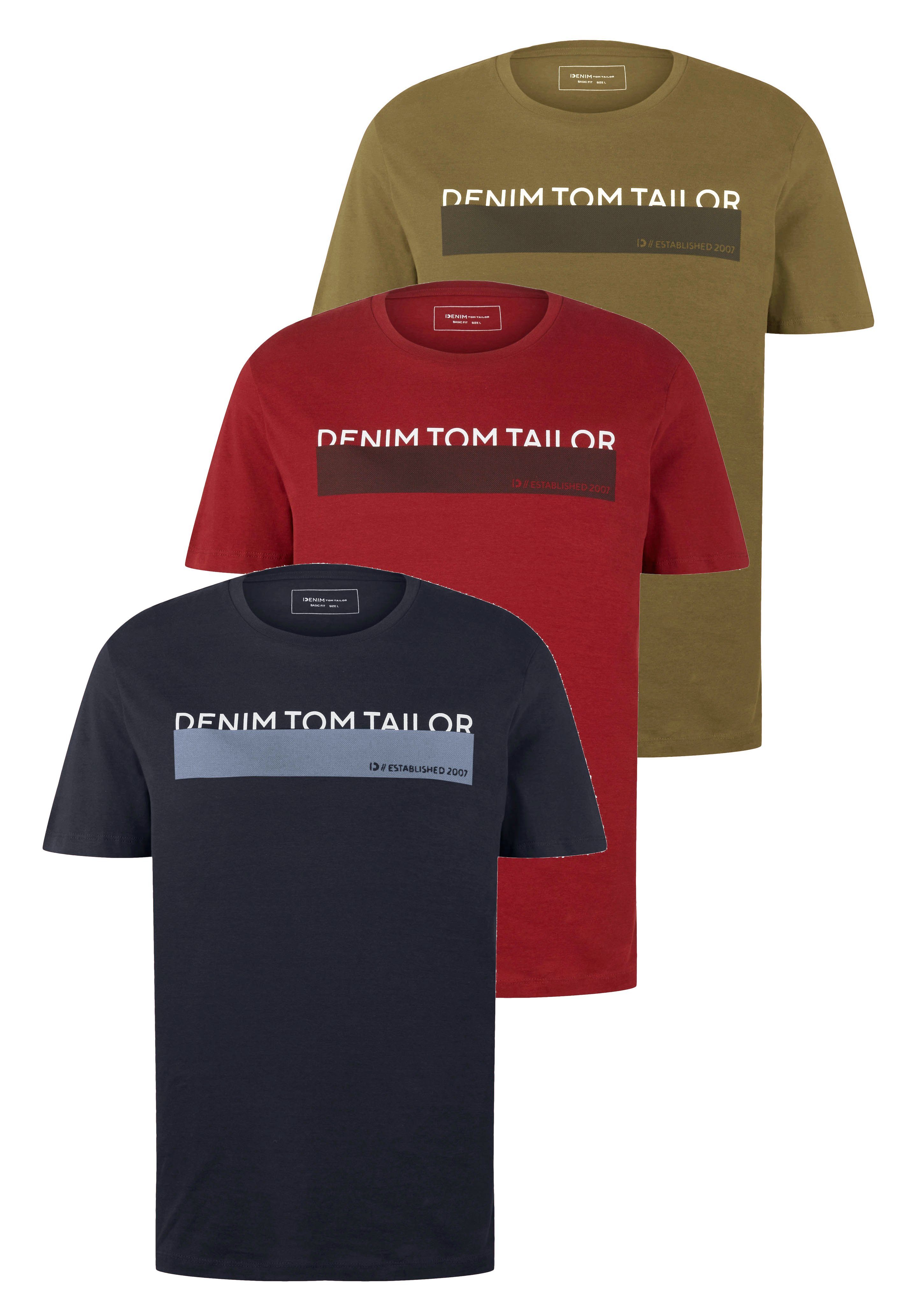 TOM TAILOR Denim T-Shirt (Packung, 3-tlg) in verschiedenen Farben marine/khaki/bordeaux
