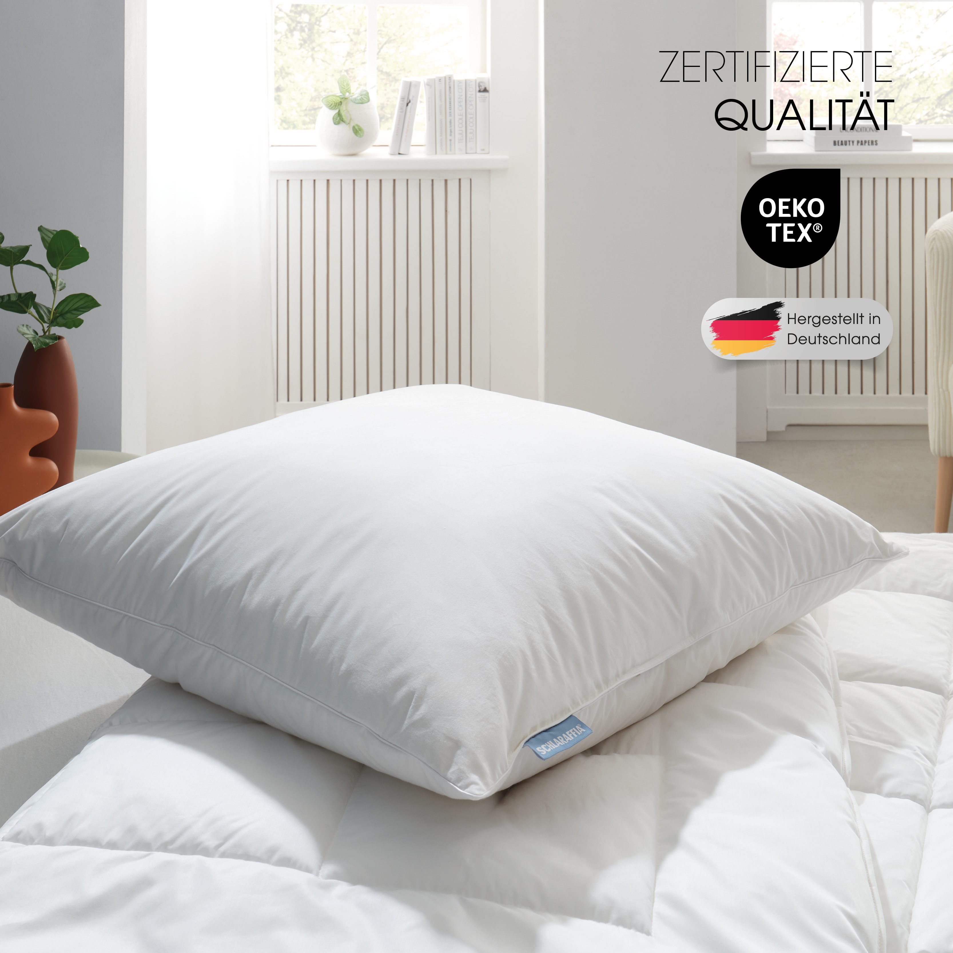 Schlaraffia Kopfkissen, Füllung: 65% Polyester, 35% Polylactid (basierend auf Zuckerrohr), Bezug: 100 % Baumwolle, Seitenschläfer, Rückenschläfer