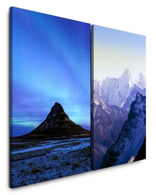 Sinus Art Leinwandbild 2 Bilder je 60x90cm Gebirge Berg Himalaja Polarlichter Schneegipfel Majestätisch Ruhe