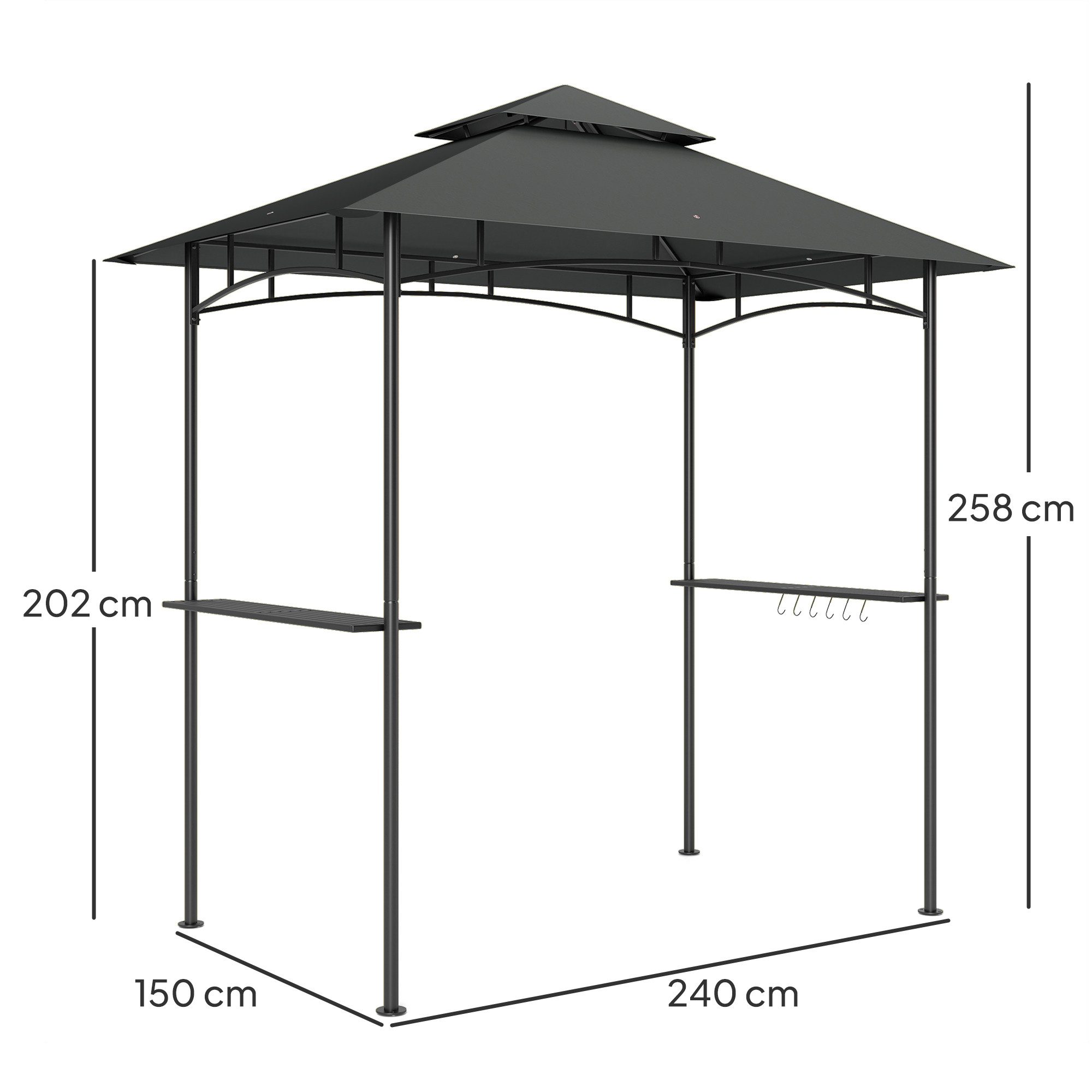 Outsunny Grillpavillon mit LED, 240 x 150 x 258 cm, mit Doppelschichtdach, Seitenregalen, mit 0 Seitenteilen, (wasserabweisend flammhemmend Gartenpavillon, Gartenlauben), mit UV-Schutz, BBQ Pavillon für Party BBQ Dunkelgrau