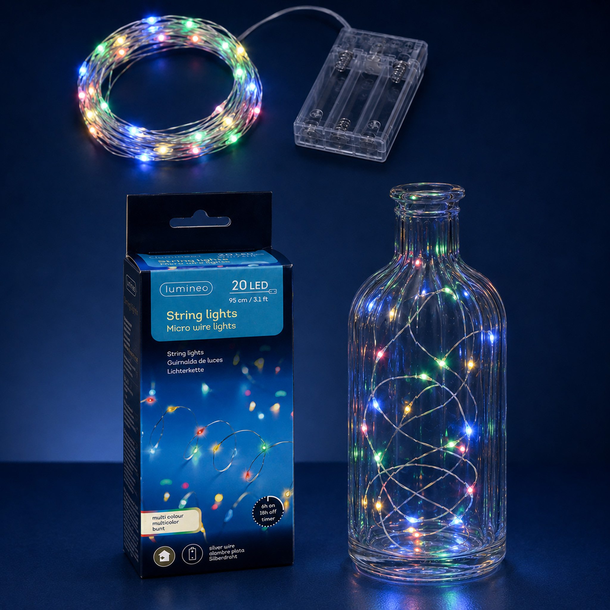 Lumineo LED-Lichterkette, LED Draht Lichterkette 95cm Batterie 20 Micro-LEDs Silber / Bunt