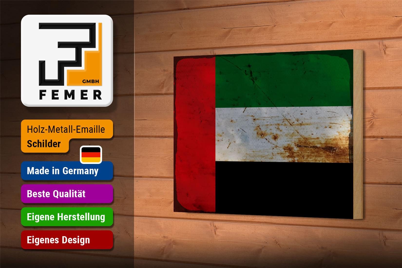 Femer GmbH Holzbild Flagge Arabische Emirate 18x12 cm Flag Rost, Flaggen (1 St), Glatte Holzfaserplatte (MDF), vorn beschichtet