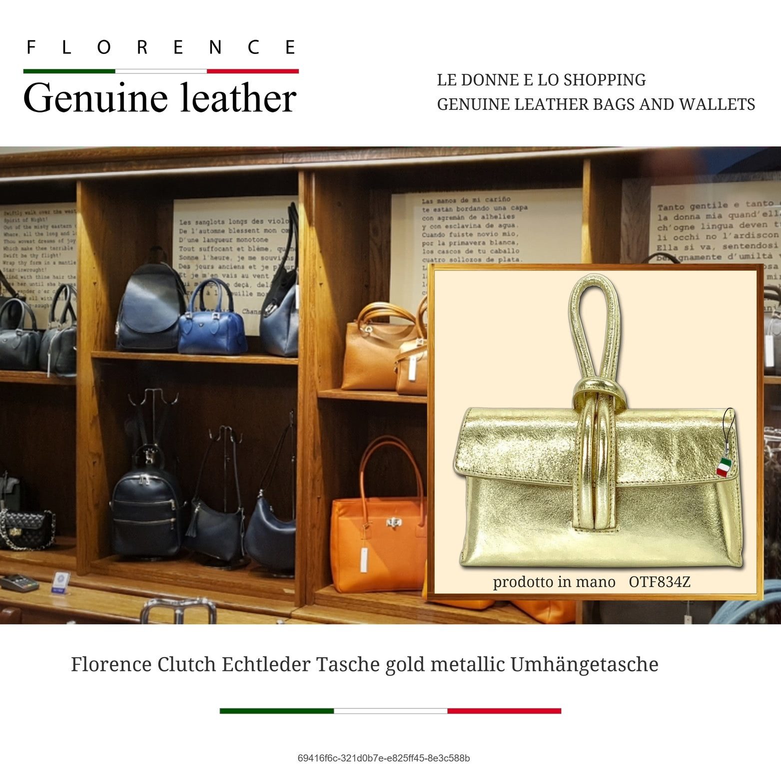 FLORENCE Abendtasche Abendtasche gold Florence Tasche Leder (Umhängetasche, Umhängetasche), Damen Tasche Echtes Leder gold, Made-In Italy