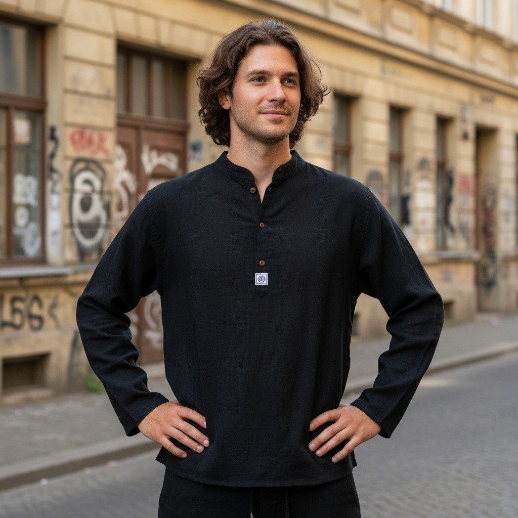 Guru-Shop Hemd & Shirt Yoga Hemd, lässiges Baumwollhemd mit.. Ethno Style, alternative Bekleidung