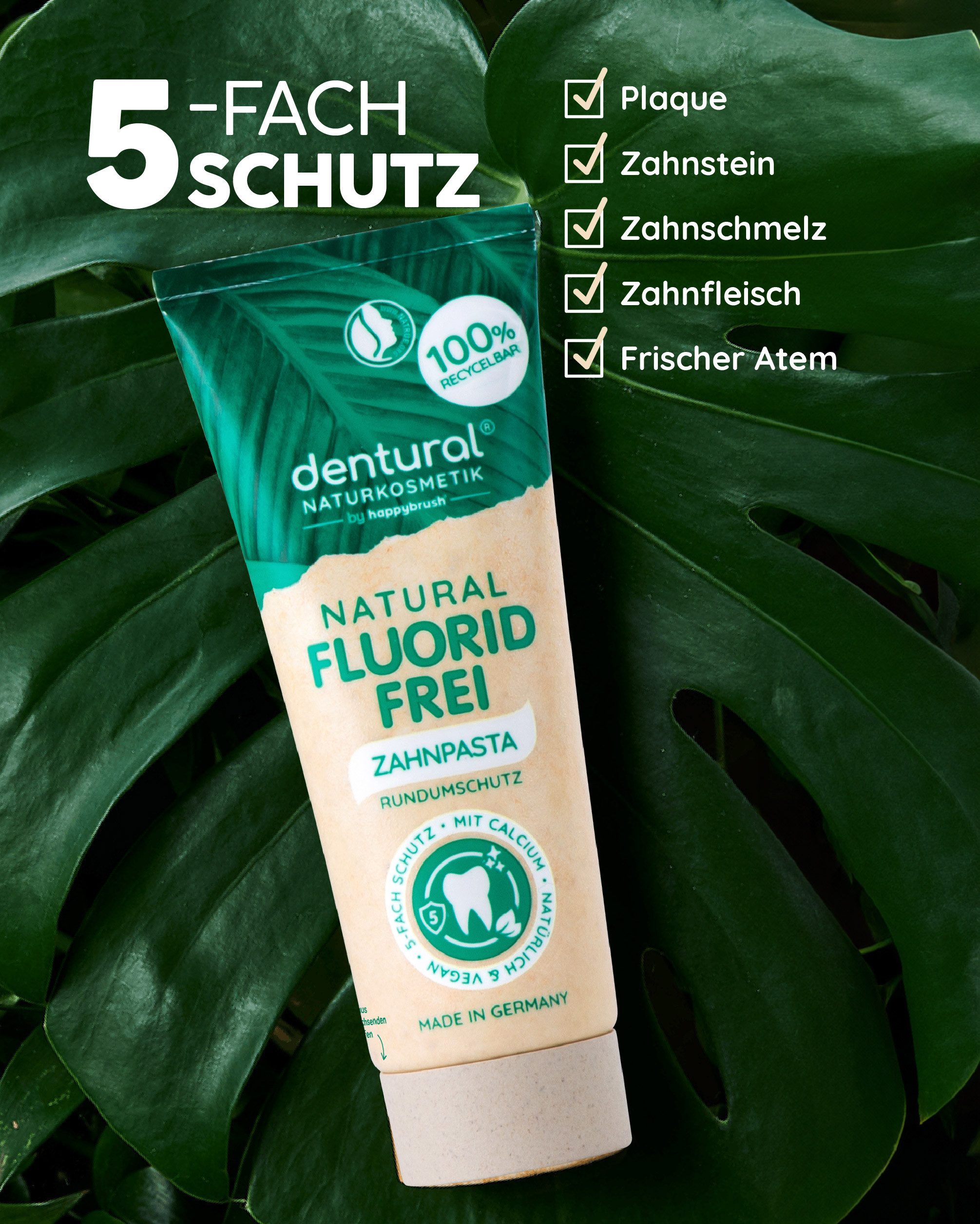 happybrush Zahnpasta dentural - Fluoridfrei - 4er Pack, (Spar-Set) Ohne Mikroplastik, vegan, nachhaltig