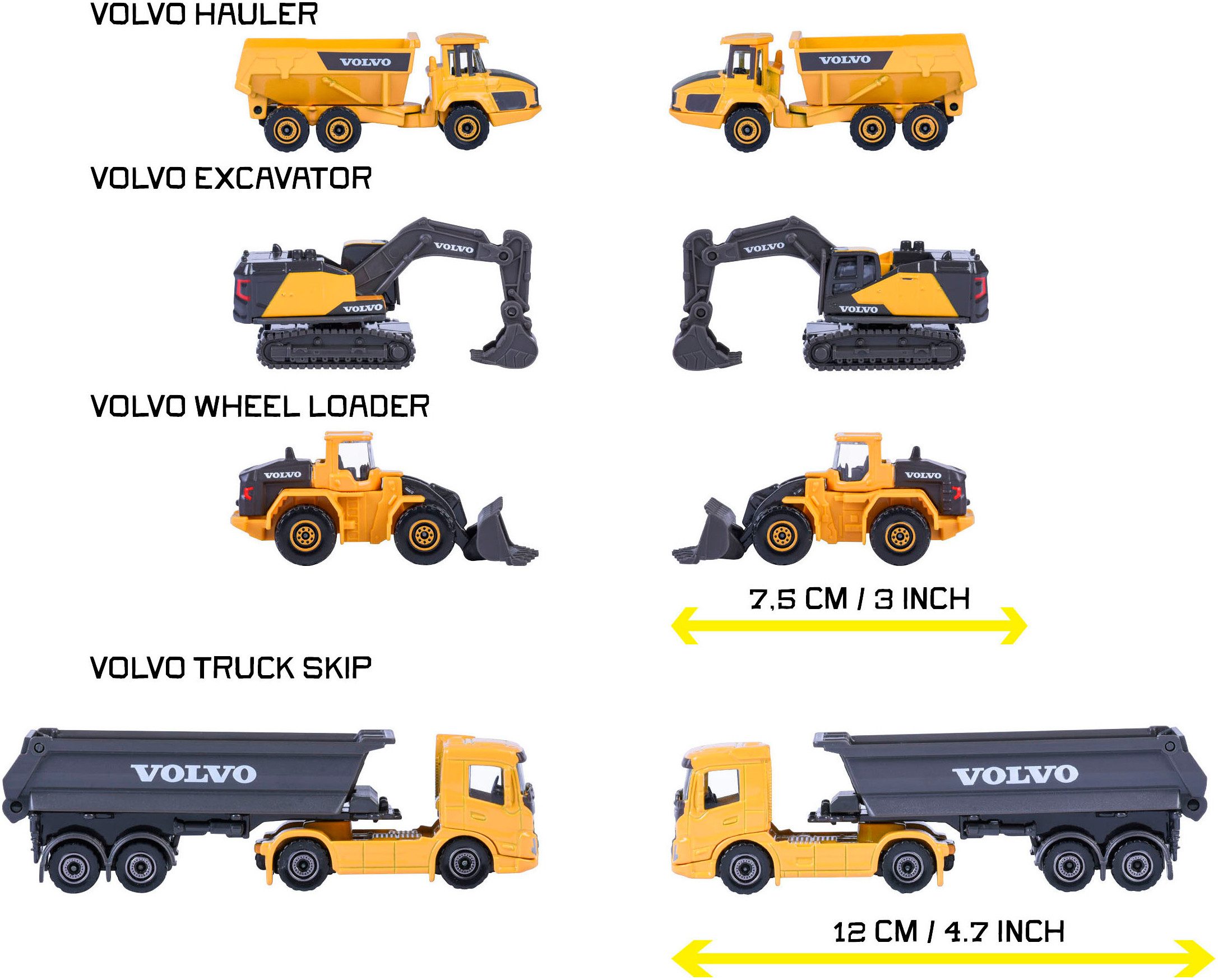 majORETTE Spielzeug-LKW Volvo Geschenkset - Baustellenfahrzeuge 4er, (Set, 4-tlg), exklusiv nur in diesem Set erhältlich: Kipplaster