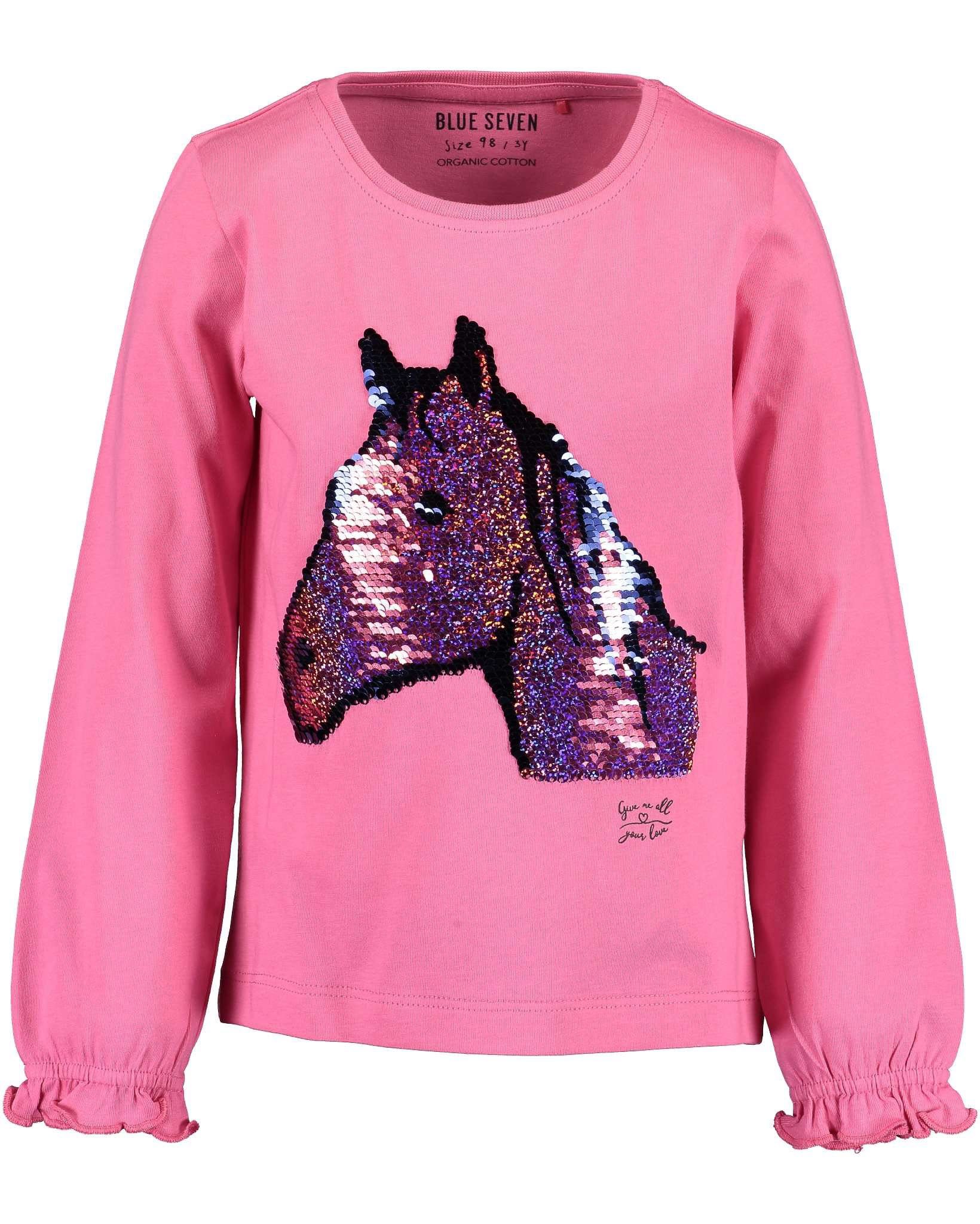 Frontprint mit Motiv Longsleeve aus reiner für Blue (1-tlg) Seven mit Longsleeve Pink Baumwolle, Pferde Mädchen
