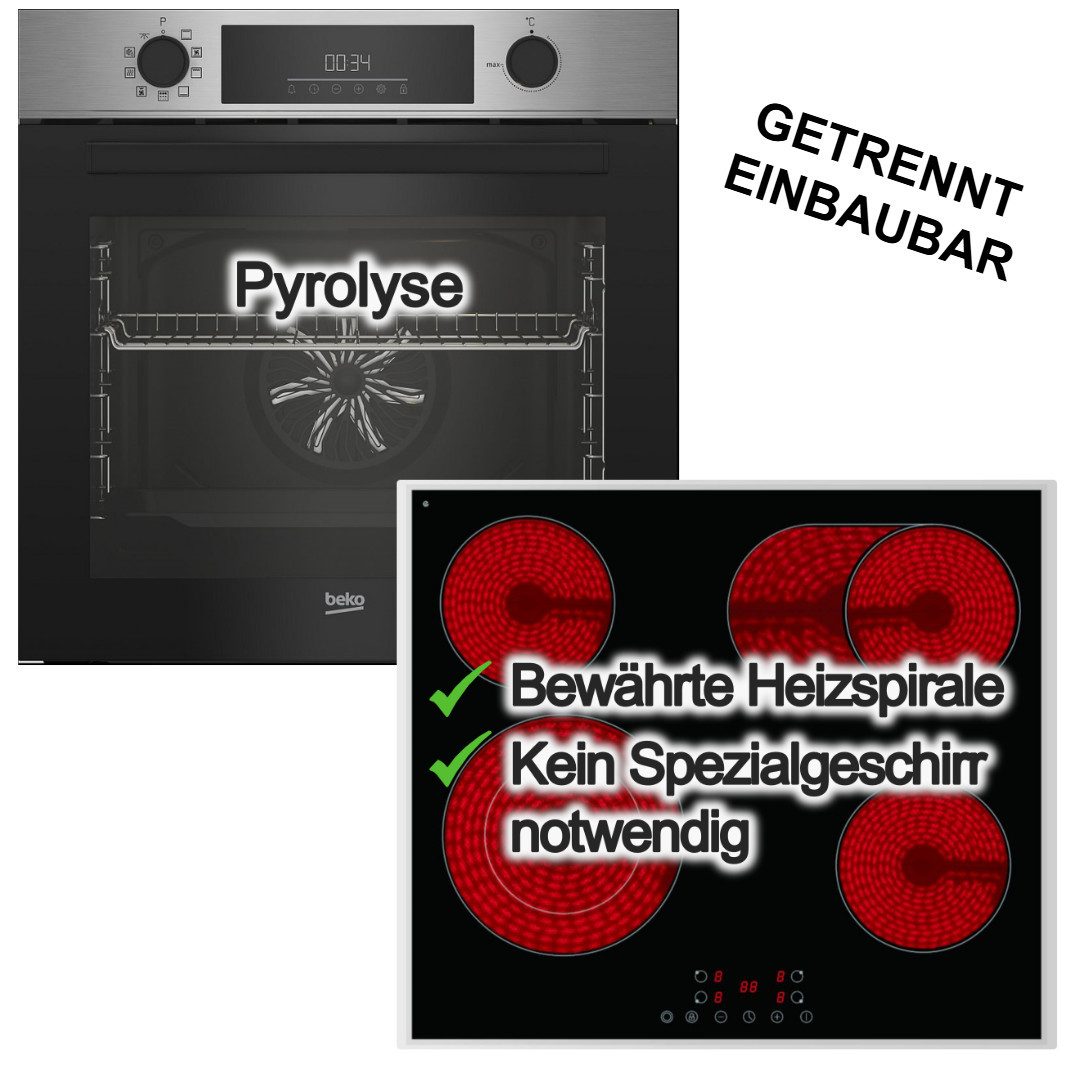 BEKO Backofen-Set 72L Pyrolyse + PKM Elektrokochfeld 60cm Zweikreis Bräterzone Touch, Pyrolyse-Selbstreinigung