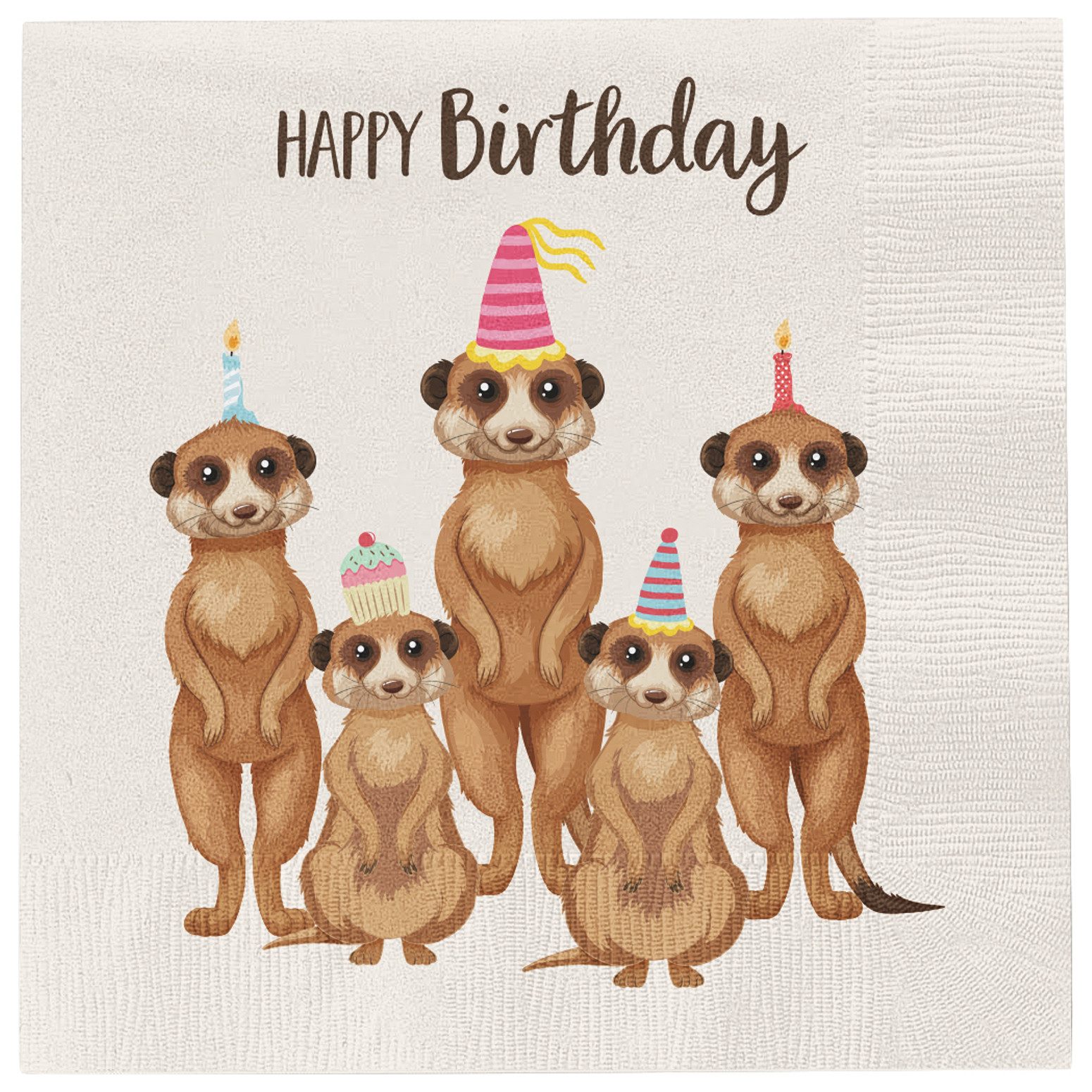 Macosa Home Papierserviette Servietten Set 40 Stk. Happy Birthday Erdmännchen Beige Braun, (Partyservietten, Papierservietten Einweg-Servietten), Papier Tischdeko Geburtstag Cocktailservietten