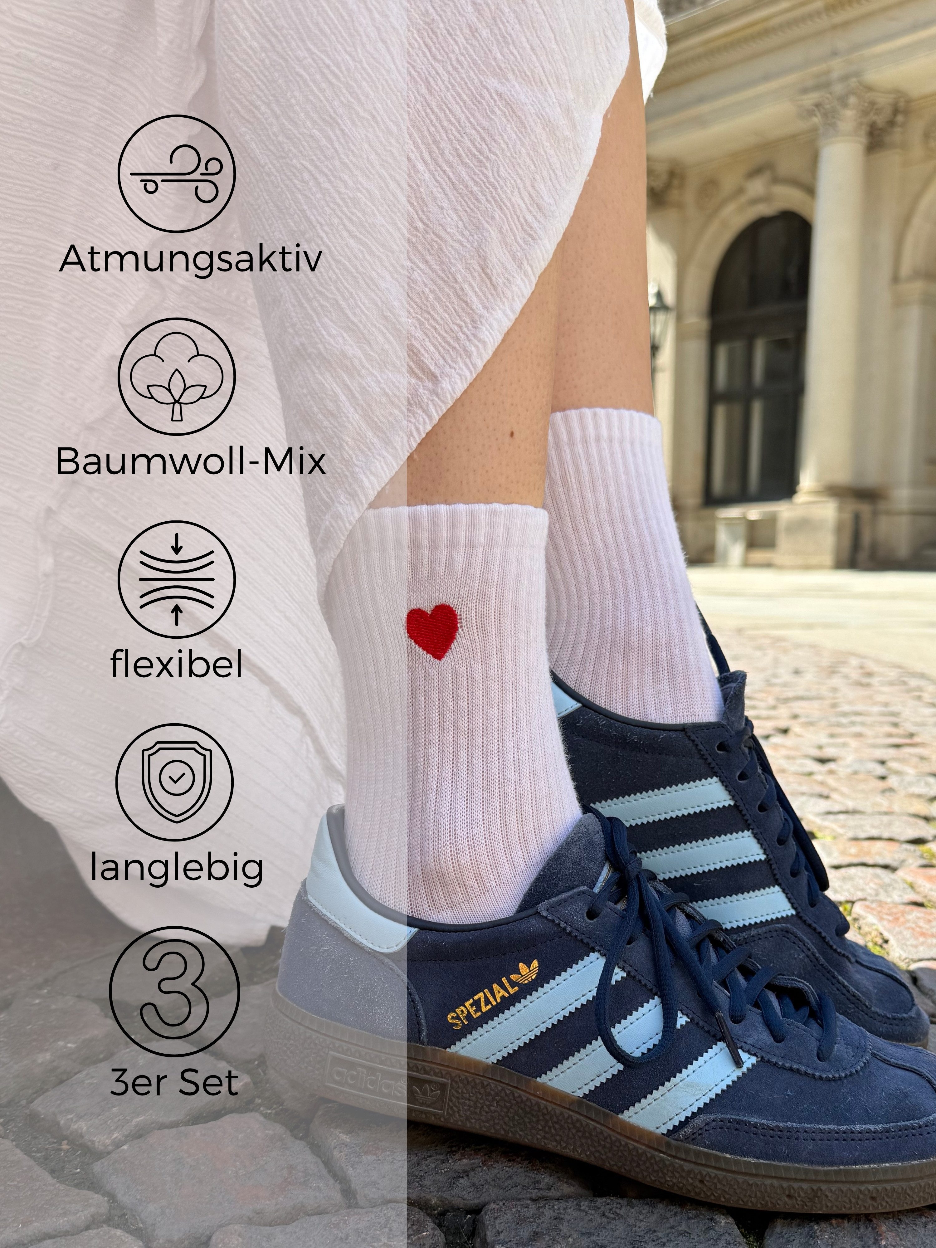 Studio Nolis Tennissocken Herz Socken Baumwolle Damen Crew Socks Stickerei Streifen (Set, 3 Paar)