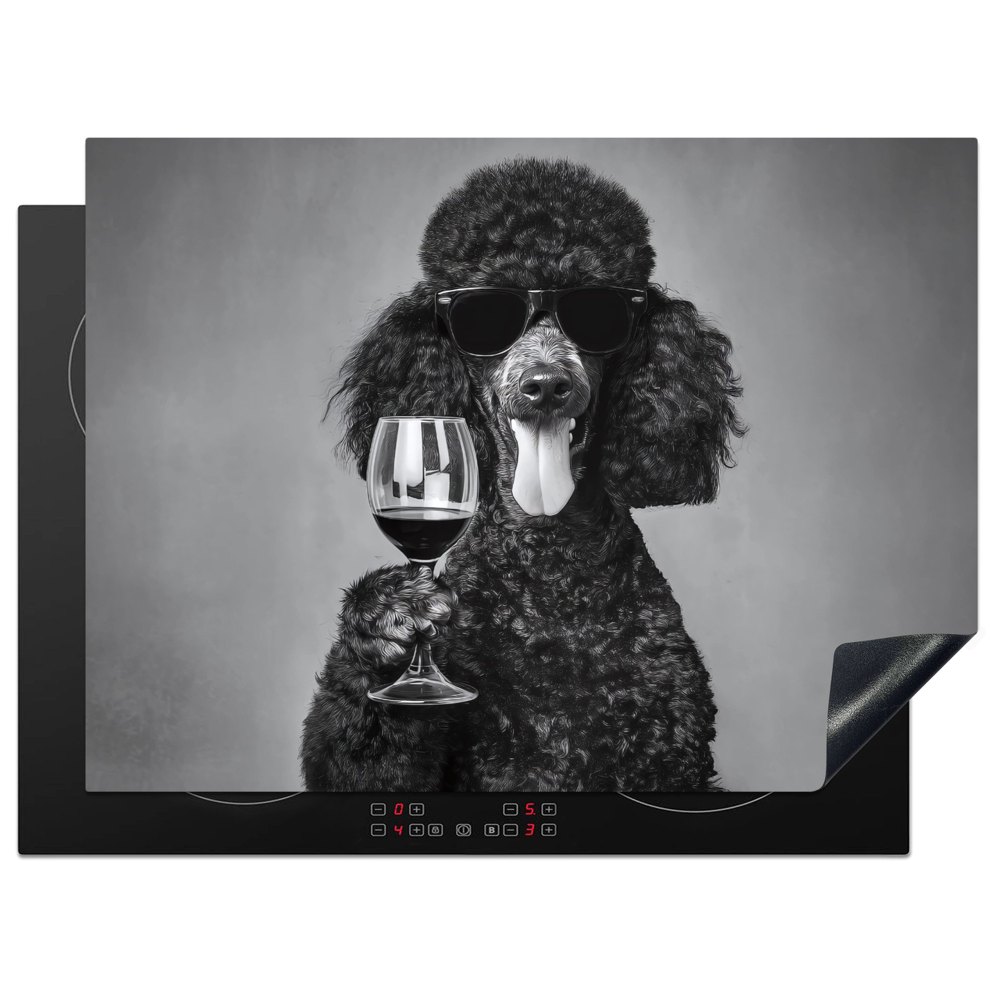 MuchoWow Herd-Abdeckplatte Hund - Locken - Sonnenbrille - Wein, Vinyl, (1 tlg), Abdeckplatte für Ceranfeld, Herd Inductionsmatte, 71x52 cm