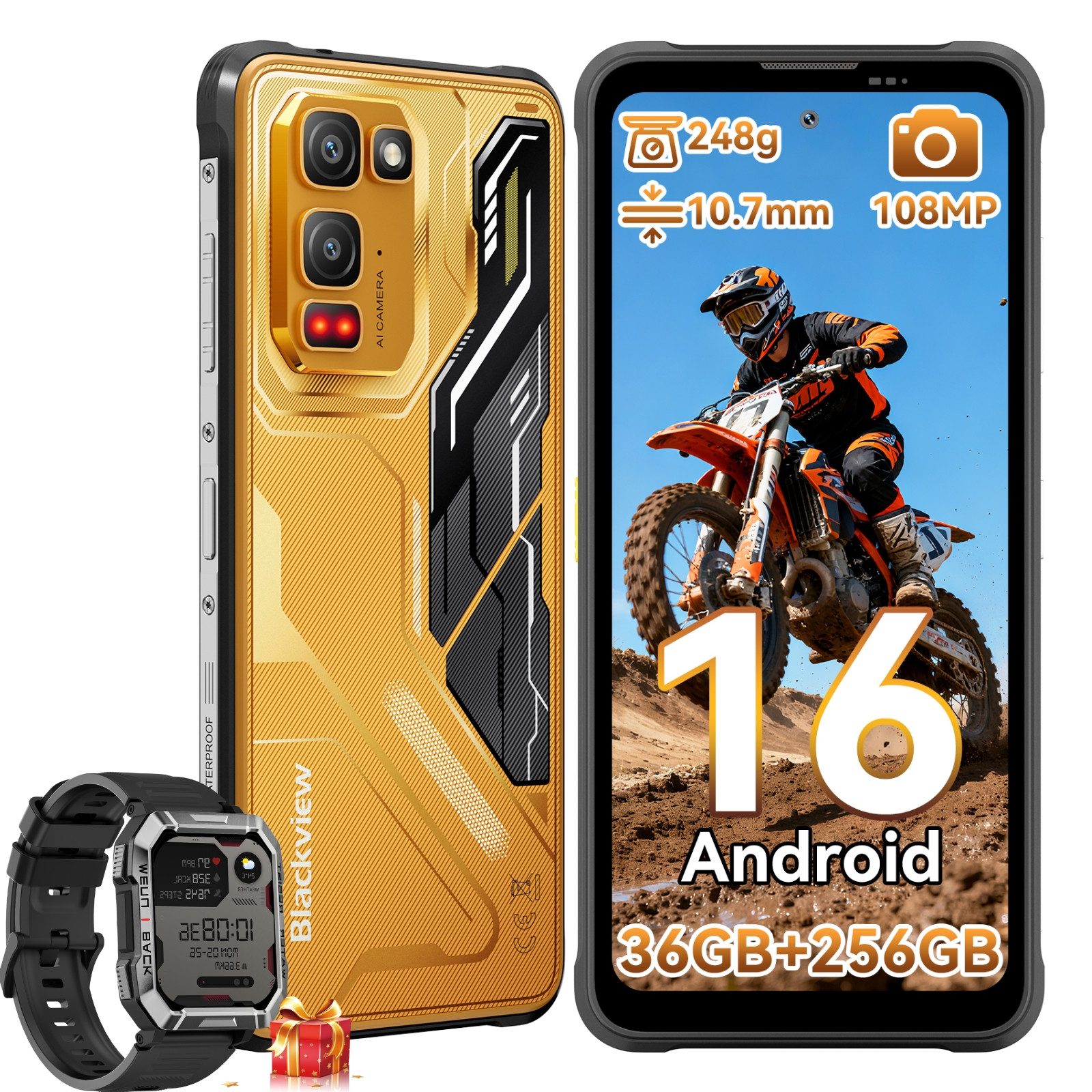 blackview FORT 5 Android 16, 108 MP Hauptkamera incl. W60 AI Outdoor Smartphone (6,78 Zoll, 256 GB Speicherplatz, 108 MP Kamera, Android 16, 108MP, 120Hz, IP68/IP69K, NFC, Night vision)