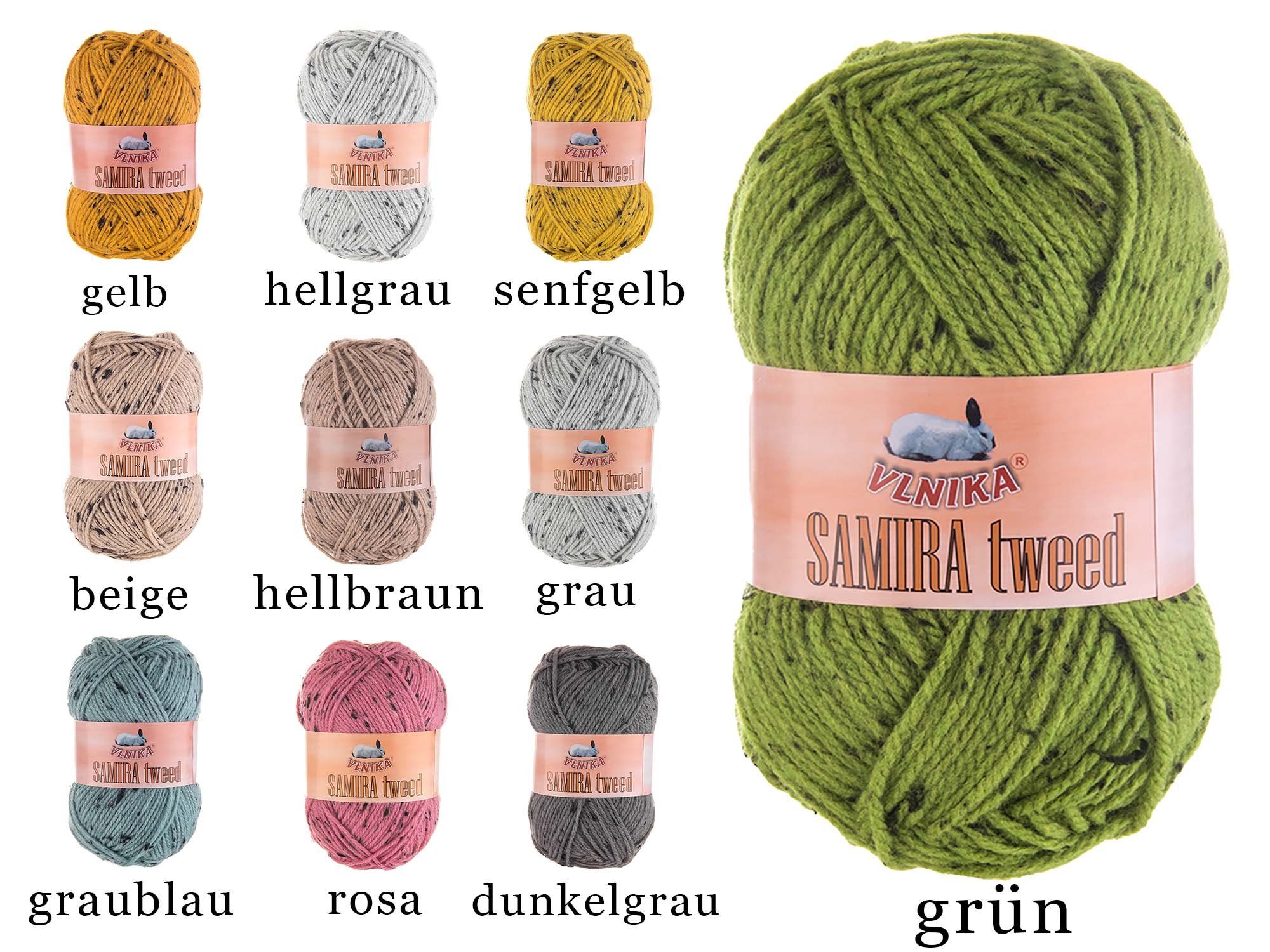 VLNIKA 5 x 100g Strickgarn Samira Tweed Klassikgarn Strickwolle Farbwahl Häkelwolle, 155 m, graublau