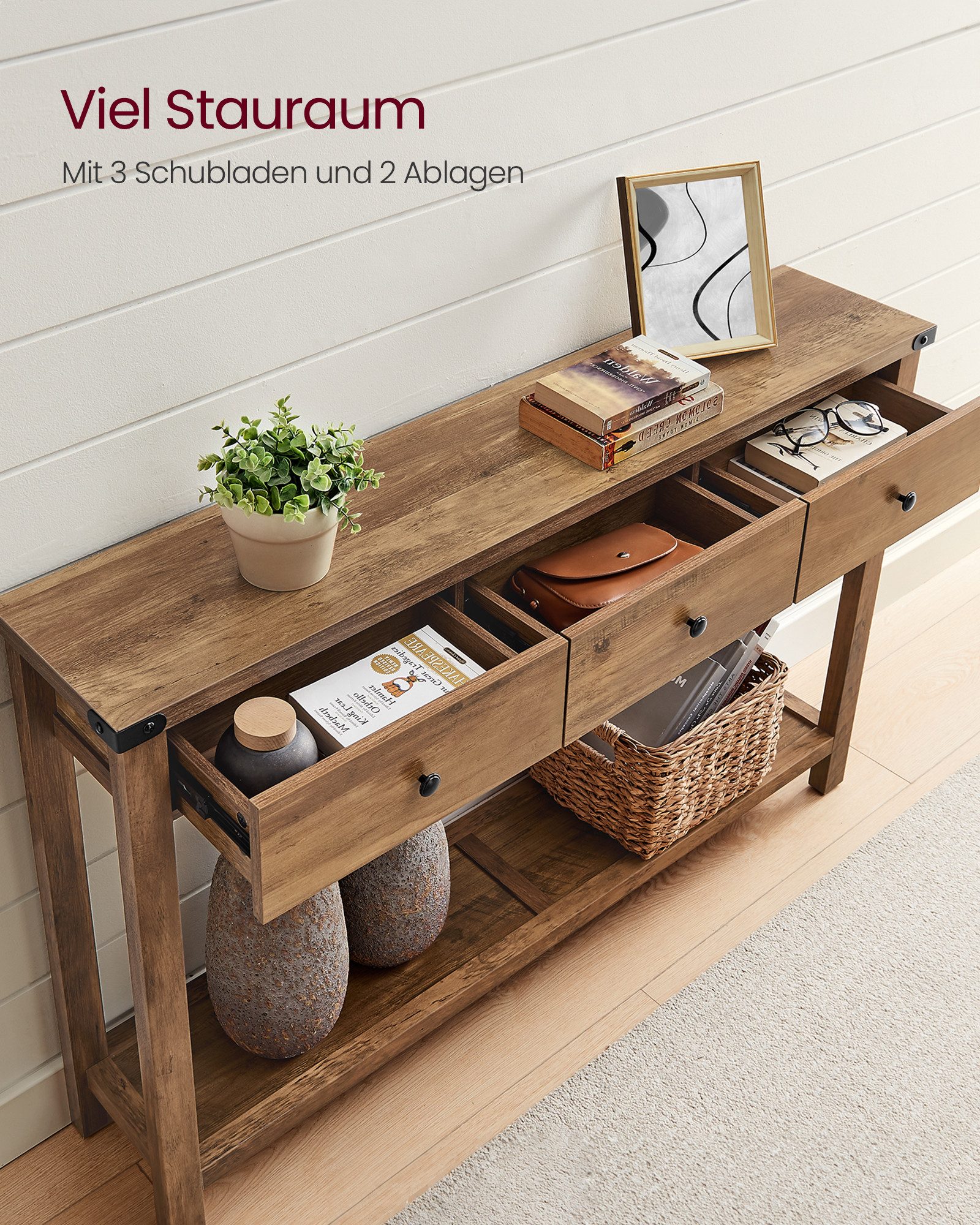 VASAGLE Konsolentisch, Beistelltisch, schmaler Sofatisch, mit 3 Schubladen und einer Ablage